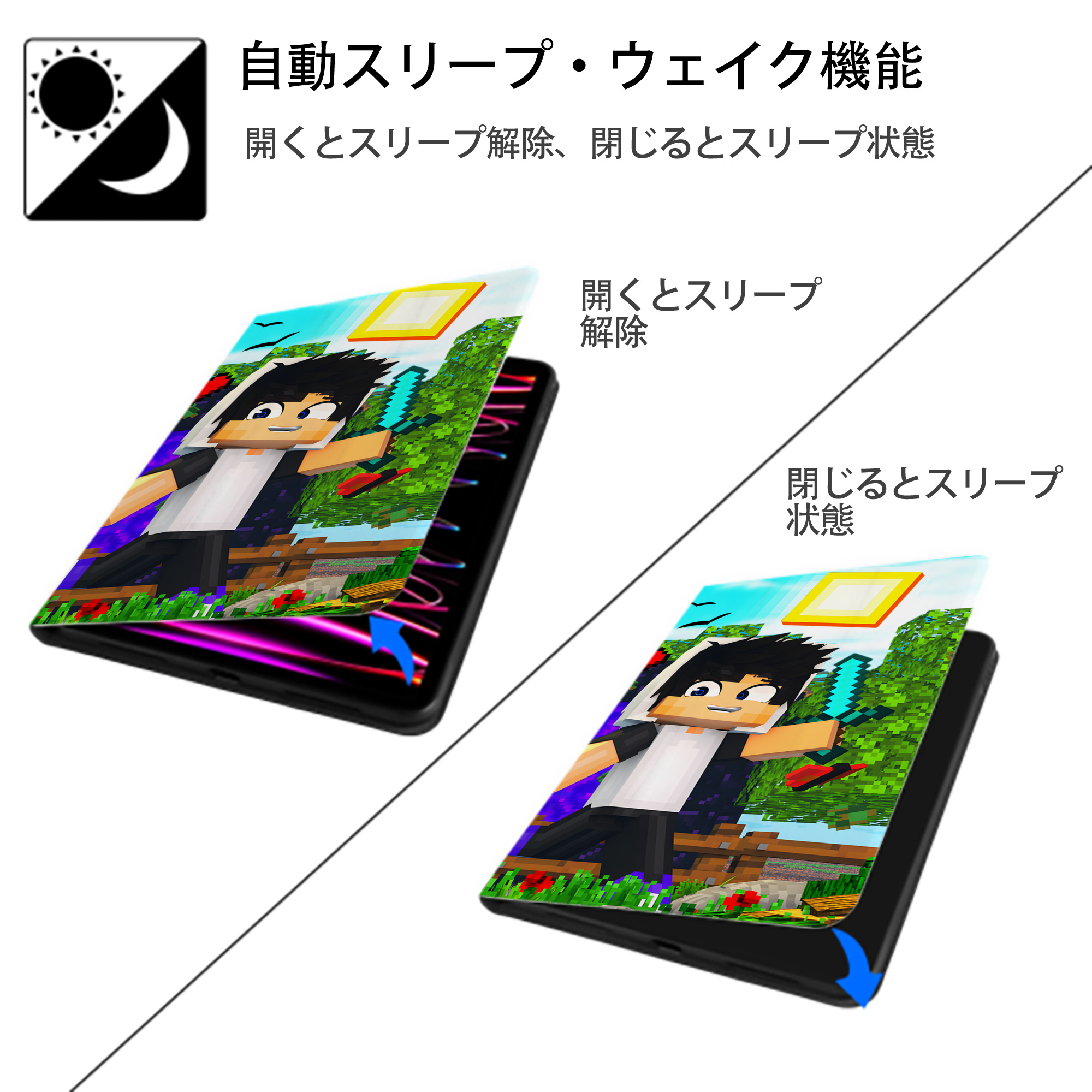マインクラフト ブロックの世界 Minecraft MC Block world IPad ケース ブック型 PUレザー TPU 耐衝撃 軽量 薄型 ペン収納なし 全面保護 IPad 各モデル対応