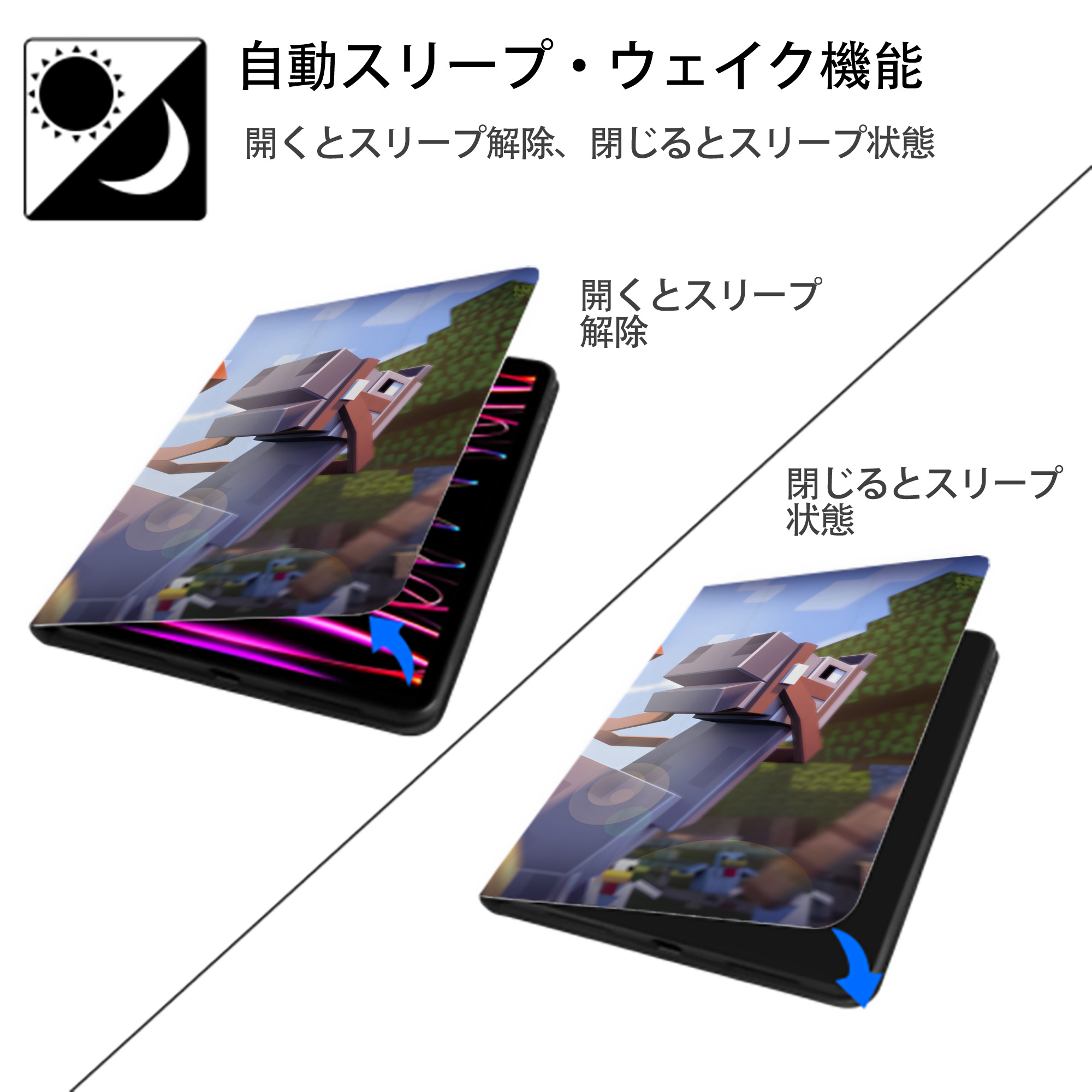 マインクラフト ブロックの世界 Minecraft MC Block world IPad ケース ブック型 PUレザー TPU 耐衝撃 軽量 薄型 ペン収納なし 全面保護 IPad 各モデル対応