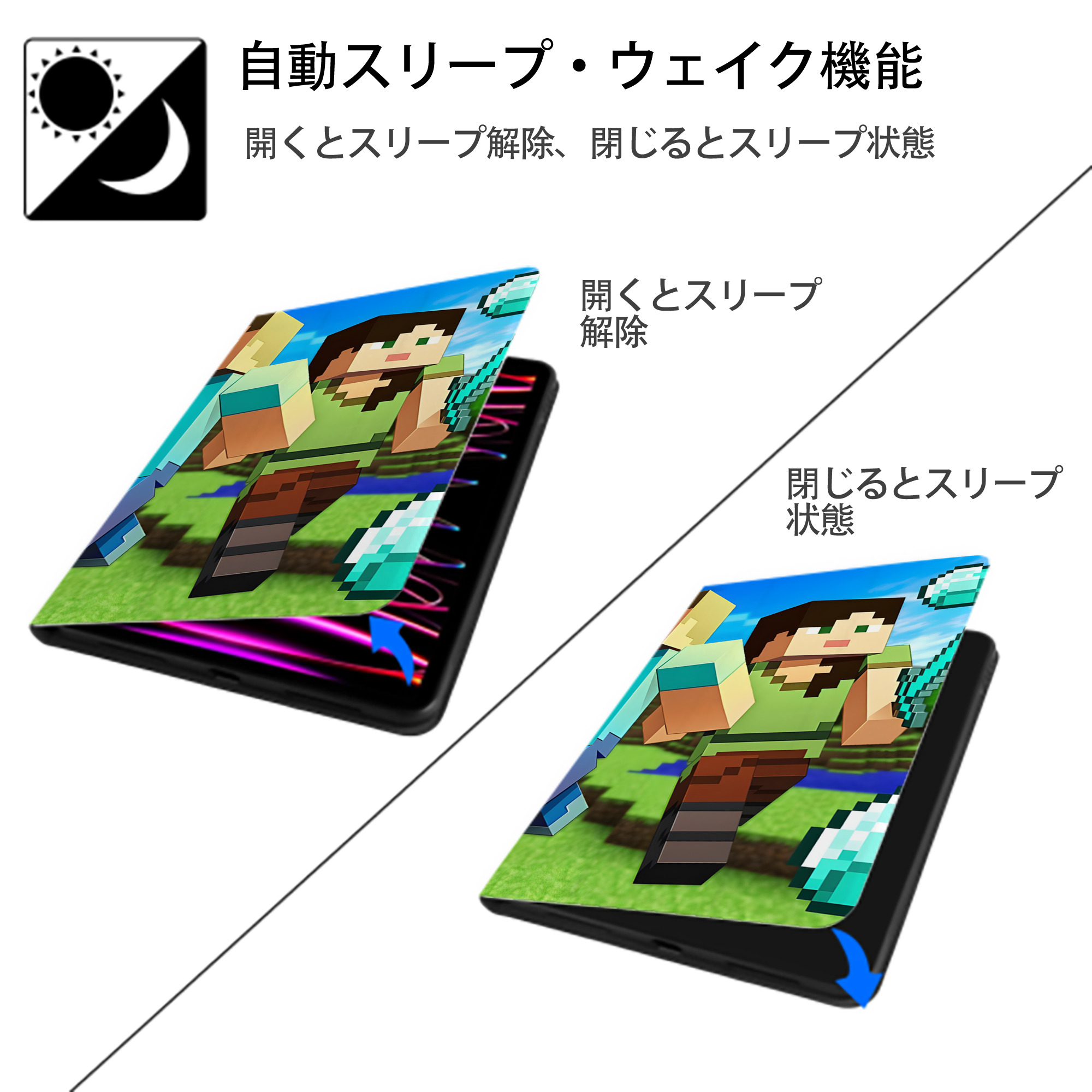 マインクラフト ブロックの世界 Minecraft MC Block world IPad ケース ブック型 PUレザー TPU 耐衝撃 軽量 薄型 ペン収納なし 全面保護 IPad 各モデル対応