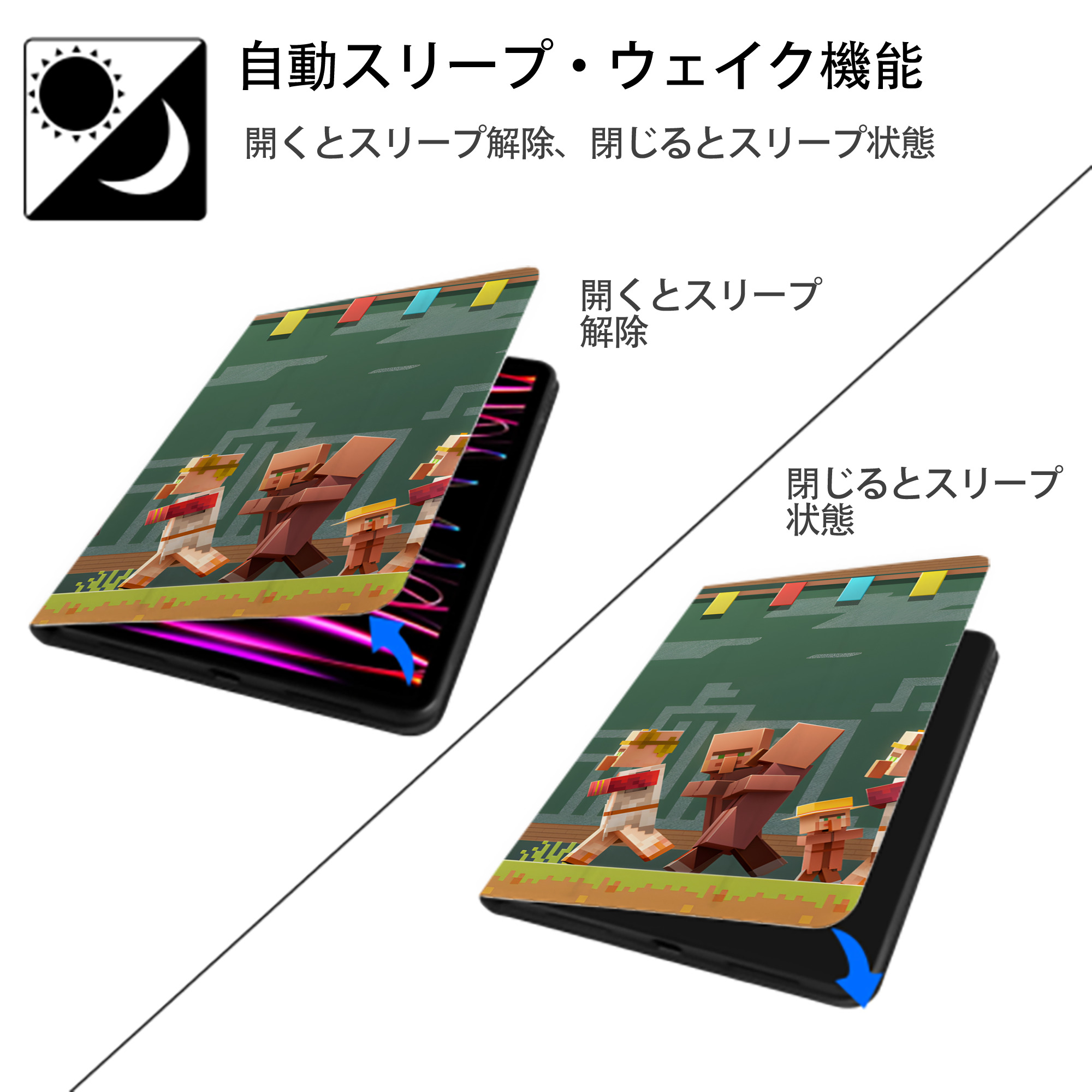 マインクラフト ブロックの世界 Minecraft MC Block world IPad ケース ブック型 PUレザー TPU 耐衝撃 軽量 薄型 ペン収納なし 全面保護 IPad 各モデル対応