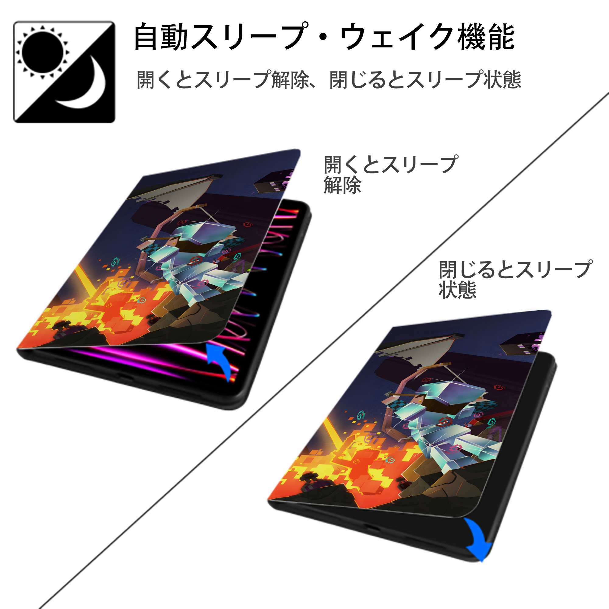 マインクラフト ブロックの世界 Minecraft MC Block world IPad ケース ブック型 PUレザー TPU 耐衝撃 軽量 薄型 ペン収納なし 全面保護 IPad 各モデル対応