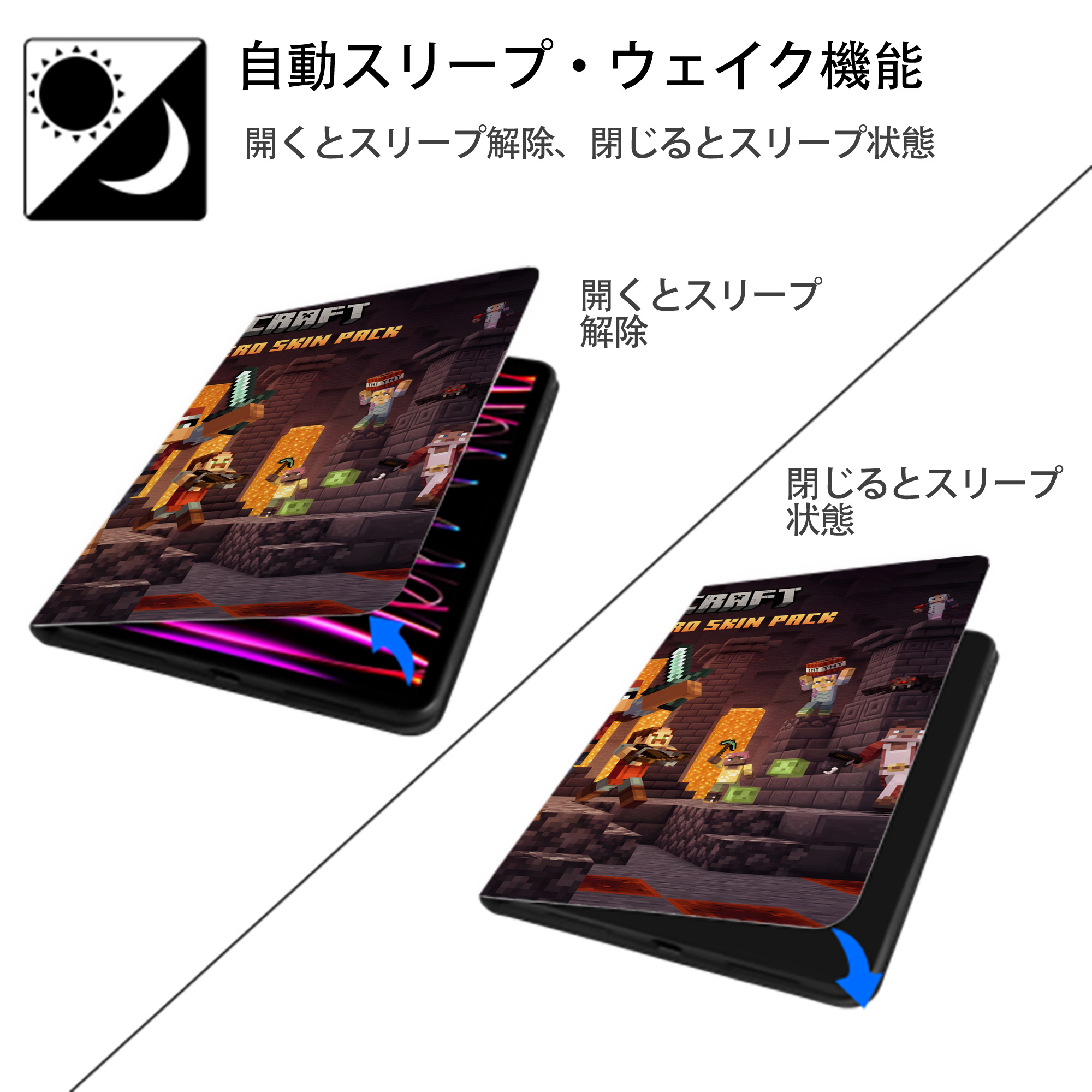 マインクラフト ブロックの世界 Minecraft MC Block world IPad ケース ブック型 PUレザー TPU 耐衝撃 軽量 薄型 ペン収納なし 全面保護 IPad 各モデル対応