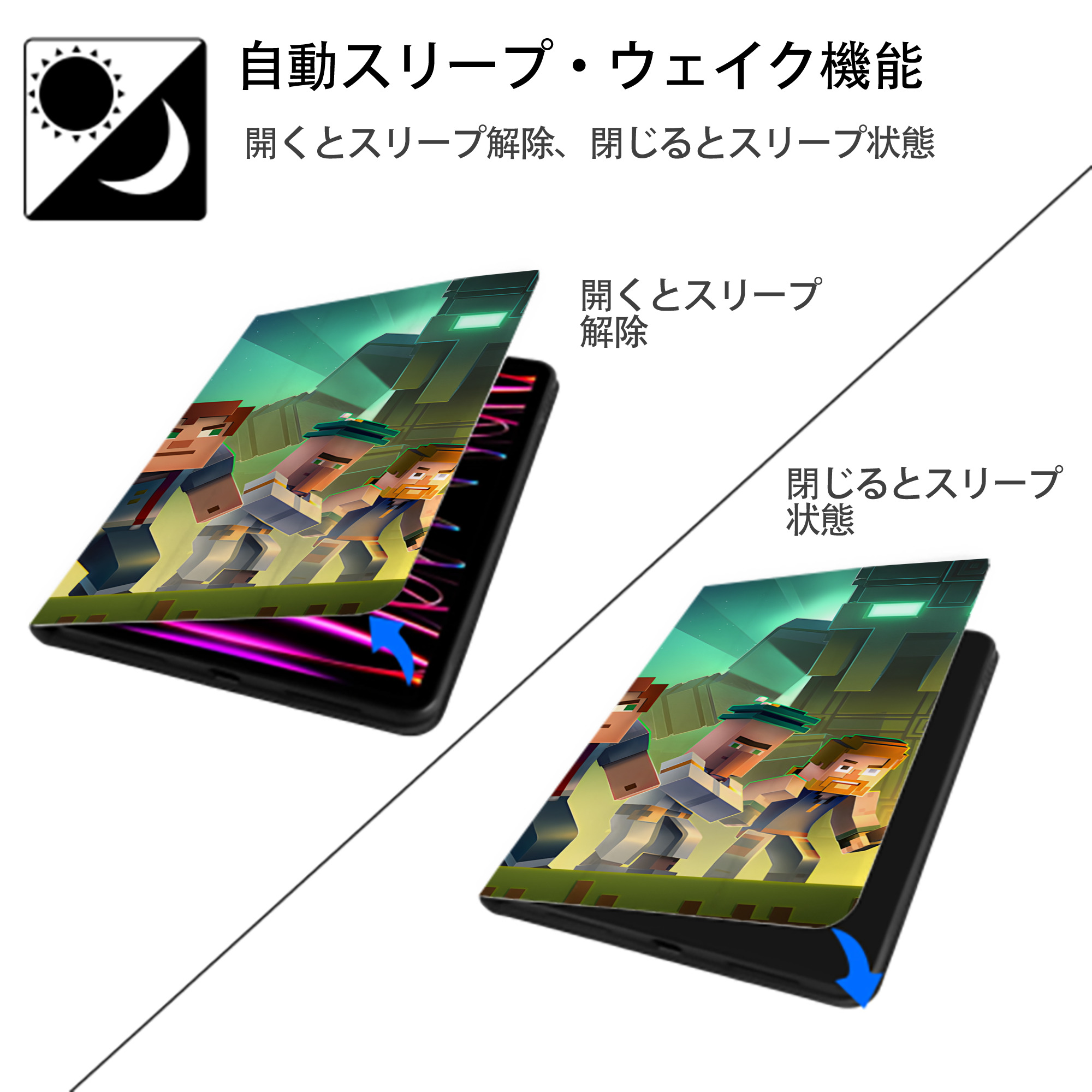 マインクラフト ブロックの世界 Minecraft MC Block world IPad ケース ブック型 PUレザー TPU 耐衝撃 軽量 薄型 ペン収納なし 全面保護 IPad 各モデル対応