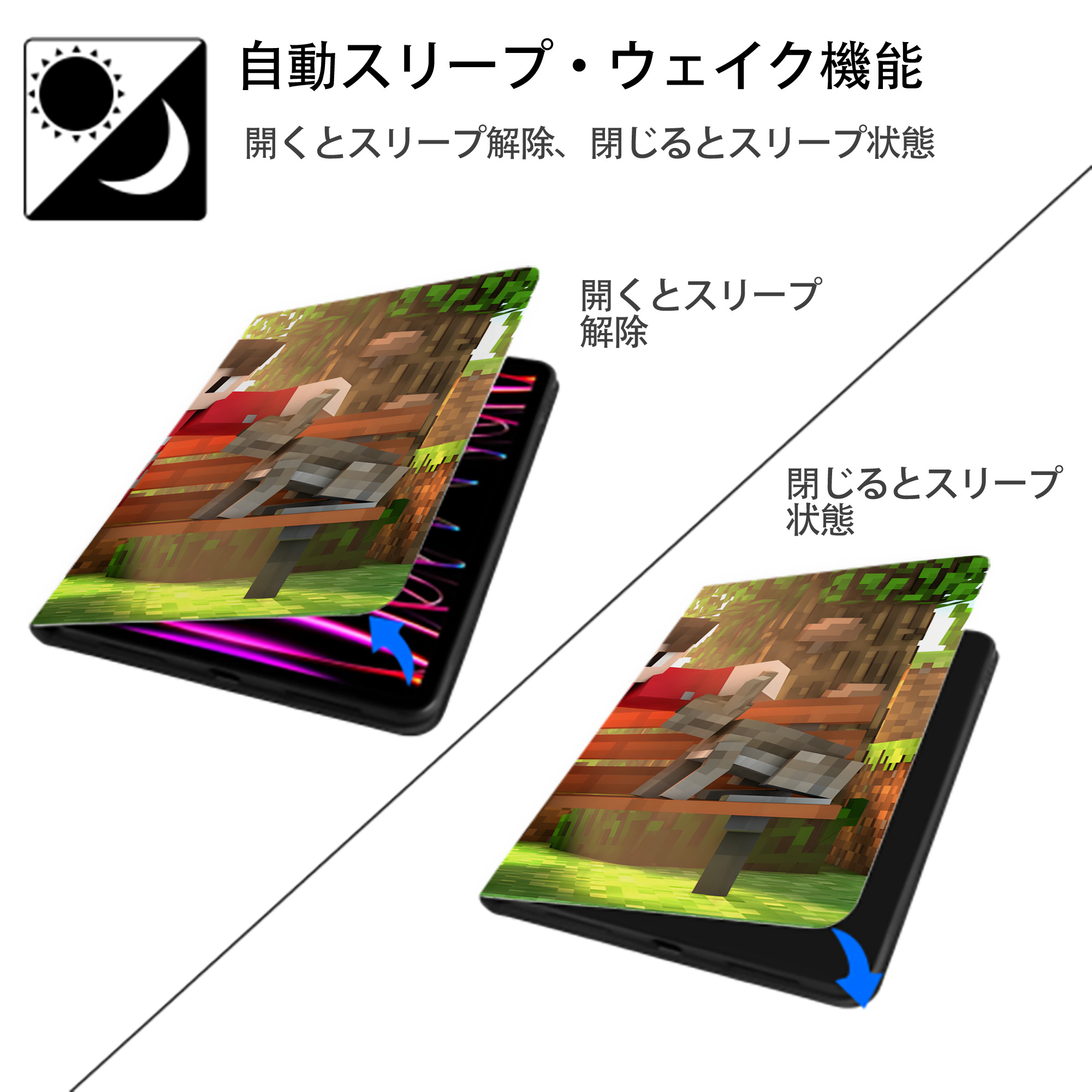 マインクラフト ブロックの世界 Minecraft MC Block world IPad ケース ブック型 PUレザー TPU 耐衝撃 軽量 薄型 ペン収納なし 全面保護 IPad 各モデル対応