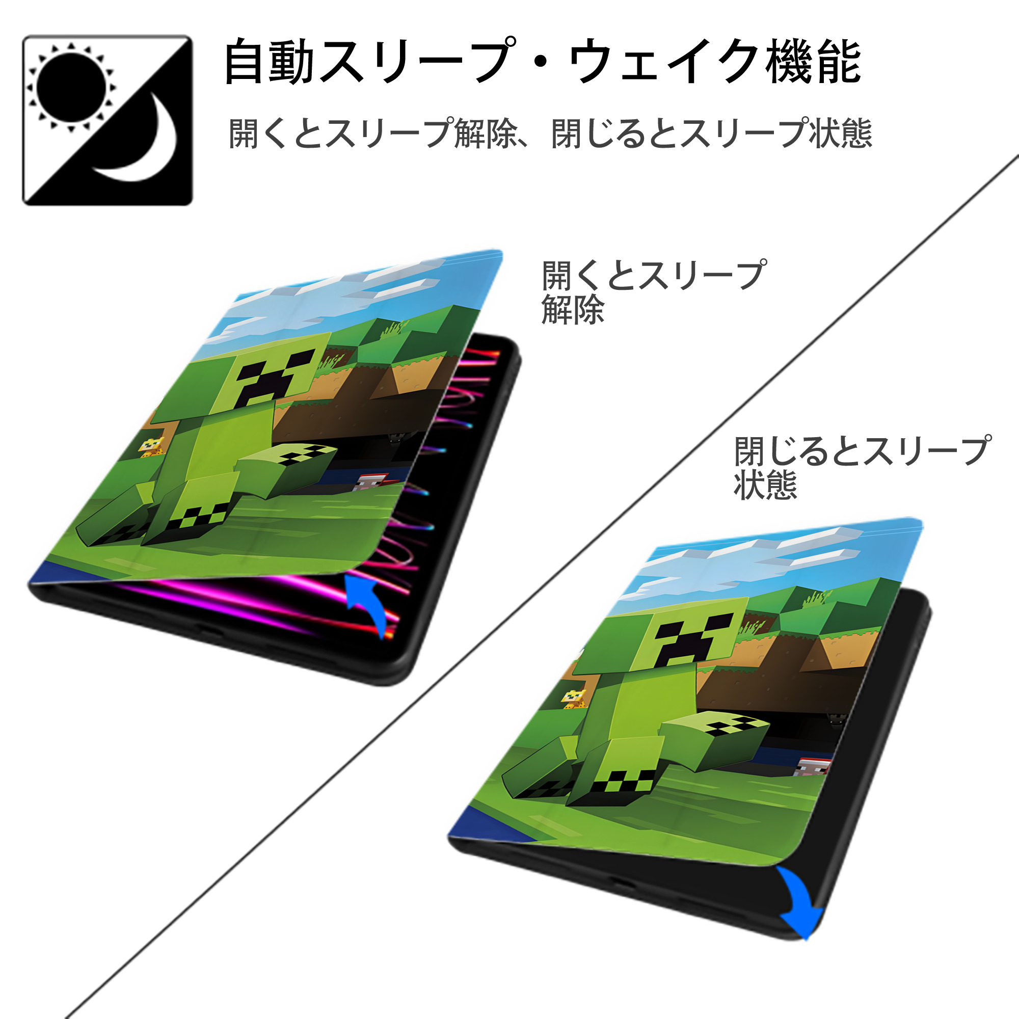 マインクラフト ブロックの世界 Minecraft MC Block world IPad ケース ブック型 PUレザー TPU 耐衝撃 軽量 薄型 ペン収納なし 全面保護 IPad 各モデル対応