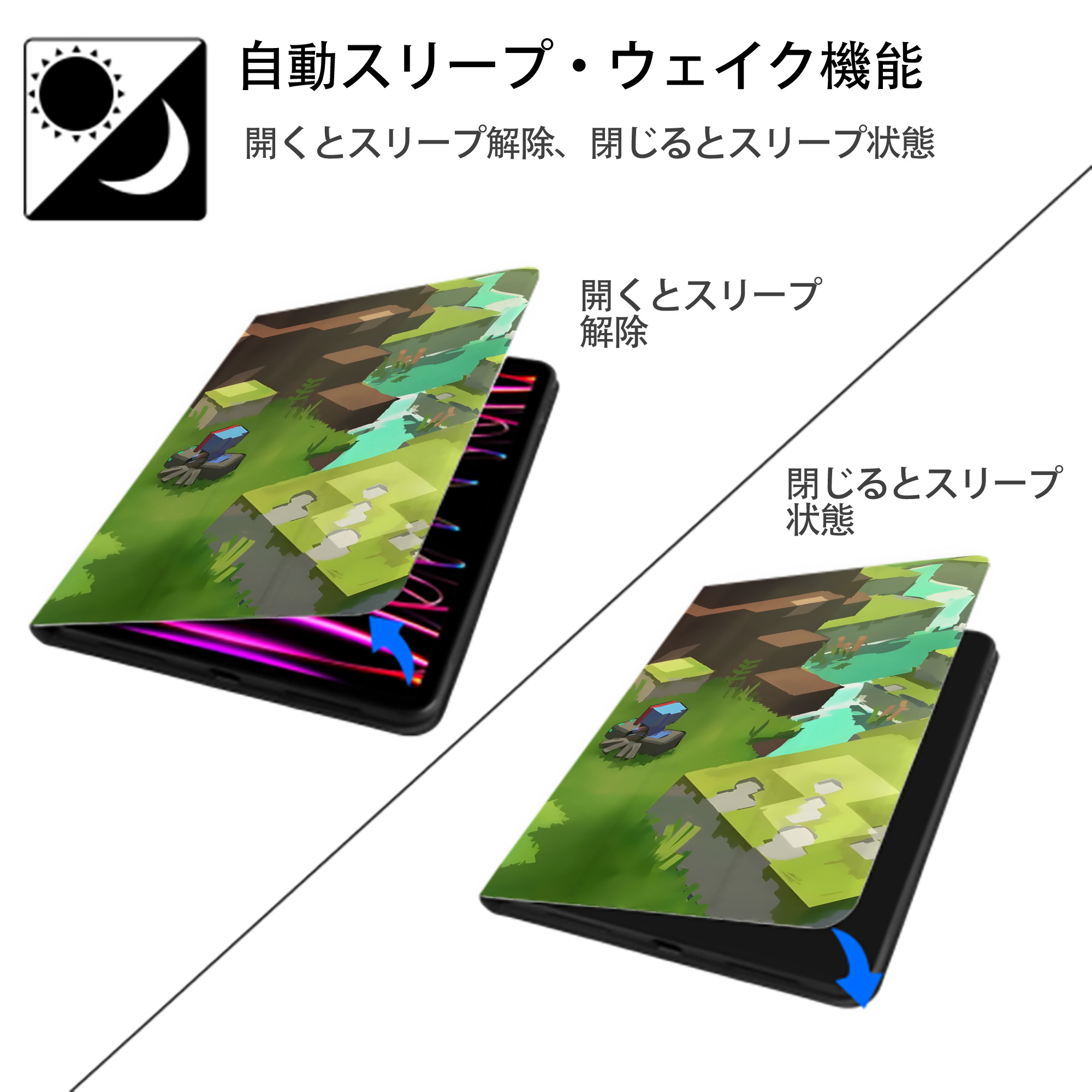 マインクラフト ブロックの世界 Minecraft MC Block world IPad ケース ブック型 PUレザー TPU 耐衝撃 軽量 薄型 ペン収納なし 全面保護 IPad 各モデル対応