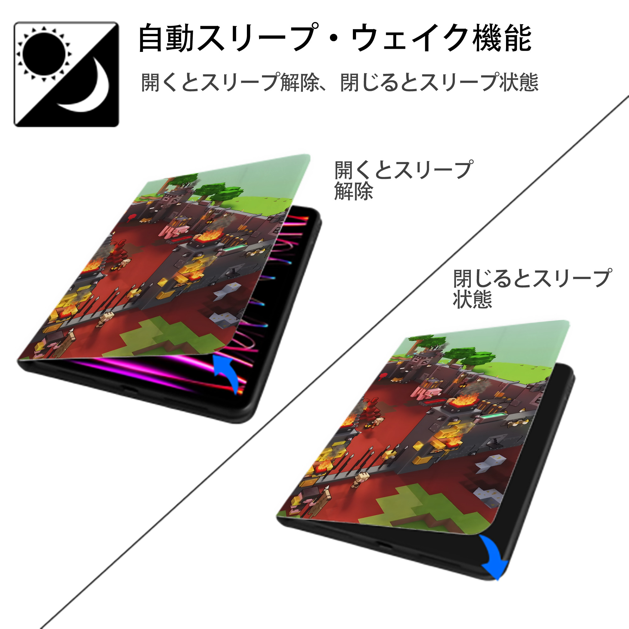 マインクラフト ブロックの世界 Minecraft MC Block world IPad ケース ブック型 PUレザー TPU 耐衝撃 軽量 薄型 ペン収納なし 全面保護 IPad 各モデル対応