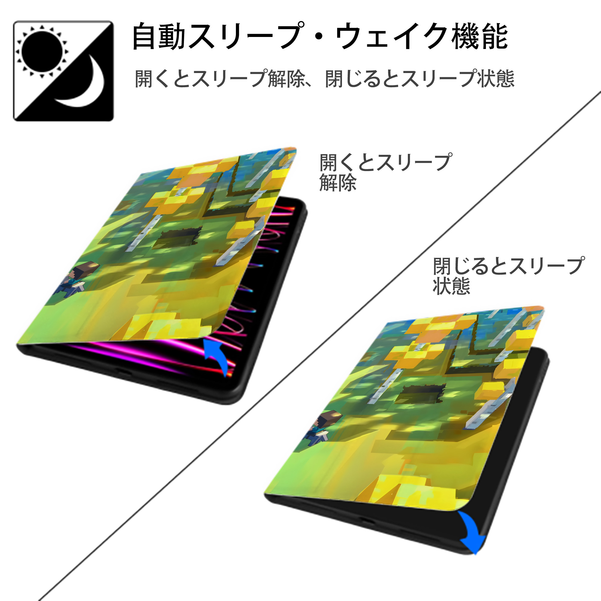 マインクラフト ブロックの世界 Minecraft MC Block world IPad ケース ブック型 PUレザー TPU 耐衝撃 軽量 薄型 ペン収納なし 全面保護 IPad 各モデル対応