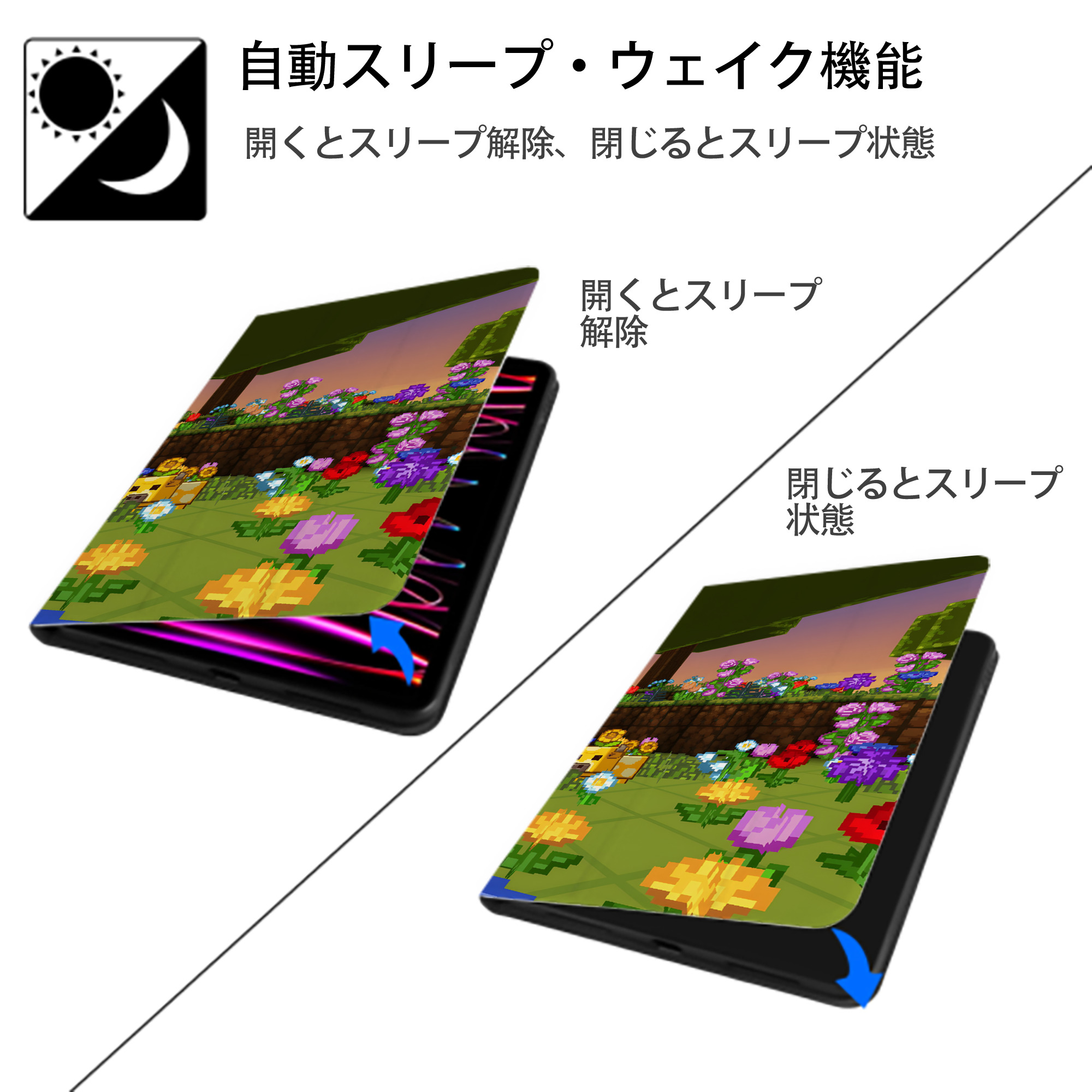 マインクラフト ブロックの世界 Minecraft MC Block world IPad ケース ブック型 PUレザー TPU 耐衝撃 軽量 薄型 ペン収納なし 全面保護 IPad 各モデル対応