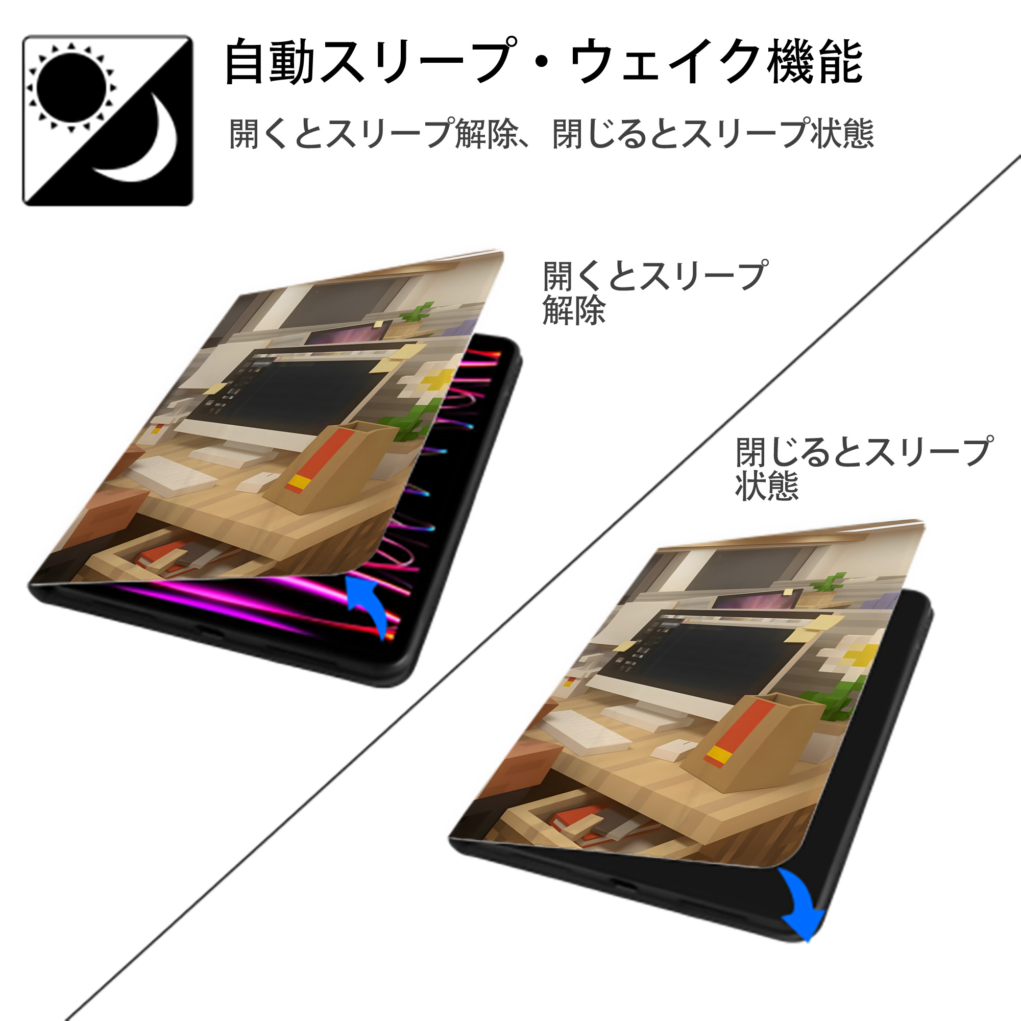 マインクラフト ブロックの世界 Minecraft MC Block world IPad ケース ブック型 PUレザー TPU 耐衝撃 軽量 薄型 ペン収納なし 全面保護 IPad 各モデル対応