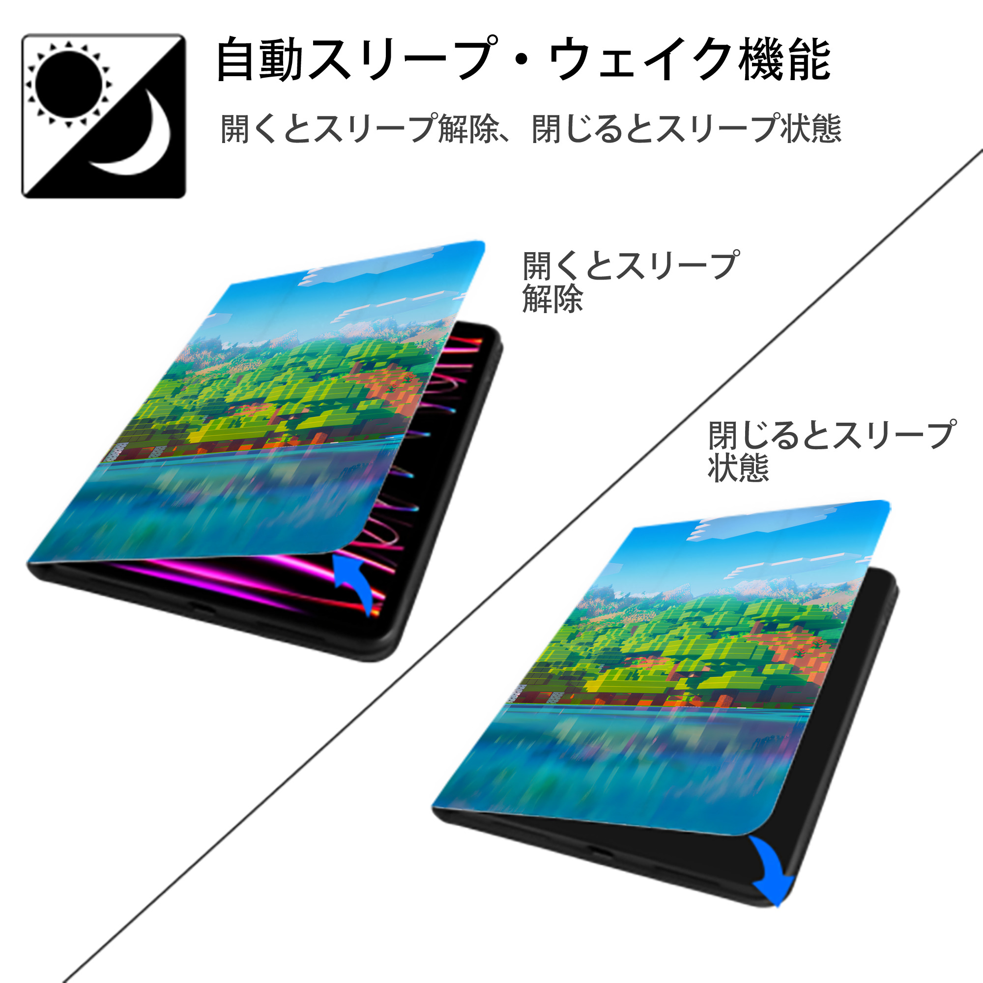 マインクラフト ブロックの世界 Minecraft MC Block world IPad ケース ブック型 PUレザー TPU 耐衝撃 軽量 薄型 ペン収納なし 全面保護 IPad 各モデル対応