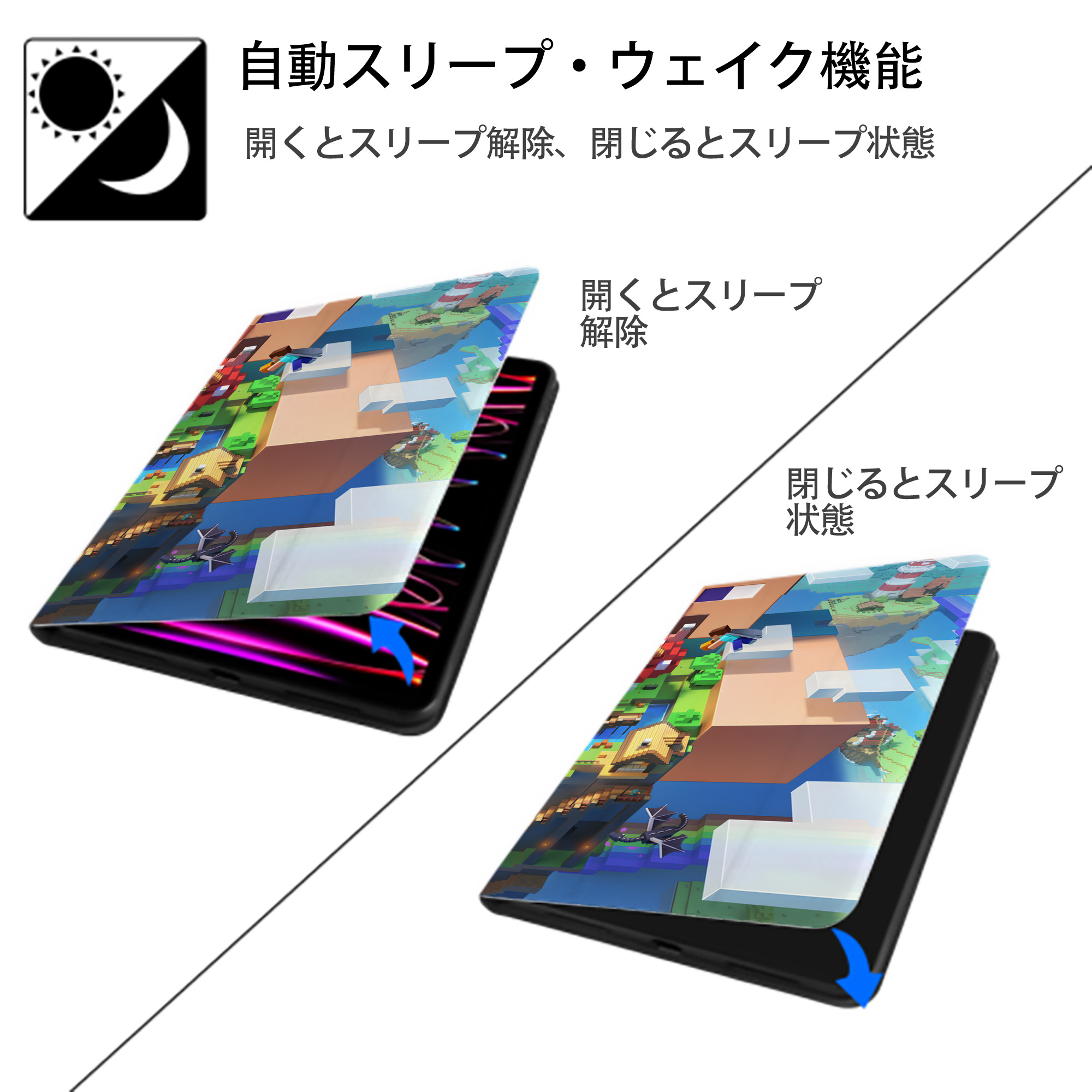 マインクラフト ブロックの世界 Minecraft MC Block world IPad ケース ブック型 PUレザー TPU 耐衝撃 軽量 薄型 ペン収納なし 全面保護 IPad 各モデル対応