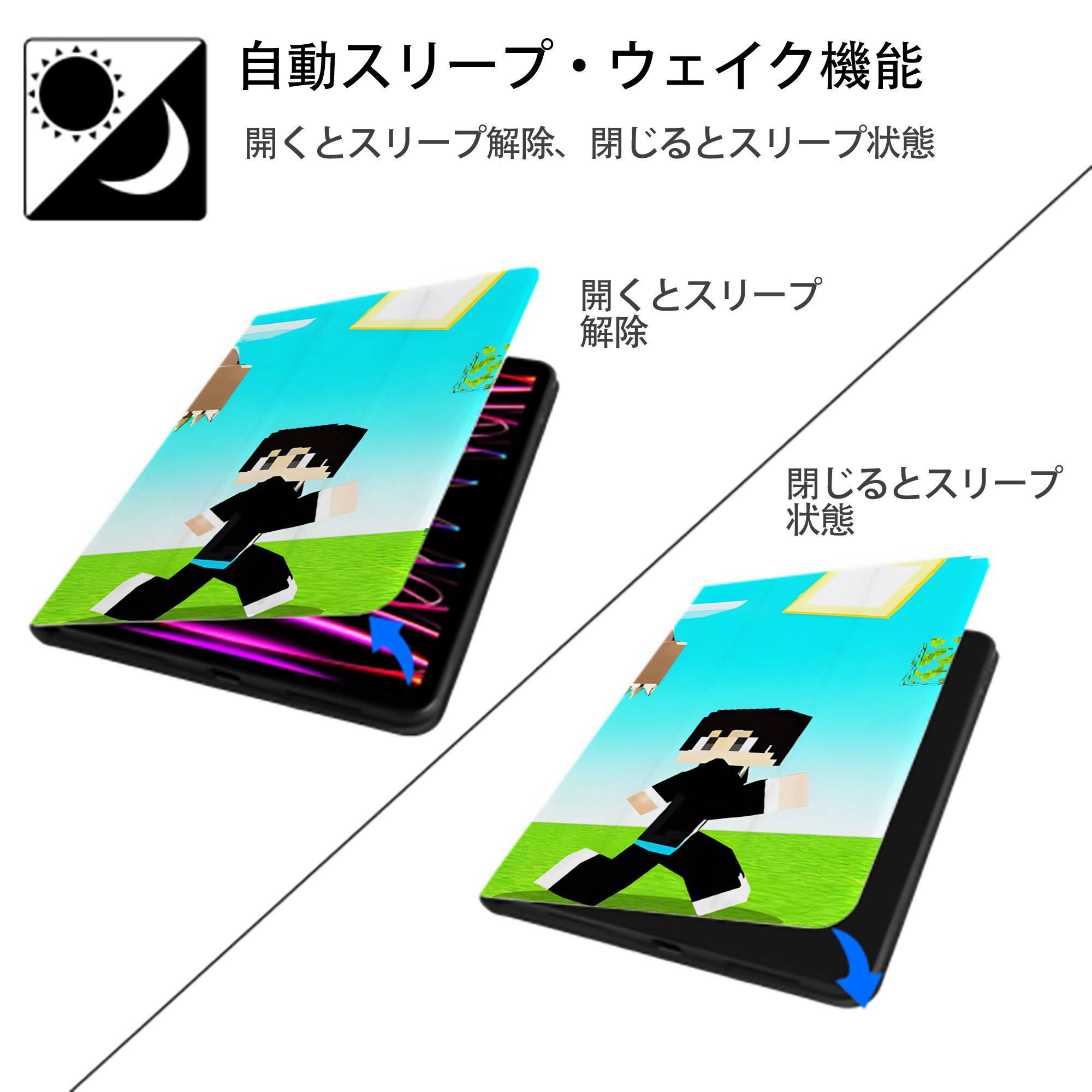 マインクラフト ブロックの世界 Minecraft MC Block world IPad ケース ブック型 PUレザー TPU 耐衝撃 軽量 薄型 ペン収納なし 全面保護 IPad 各モデル対応