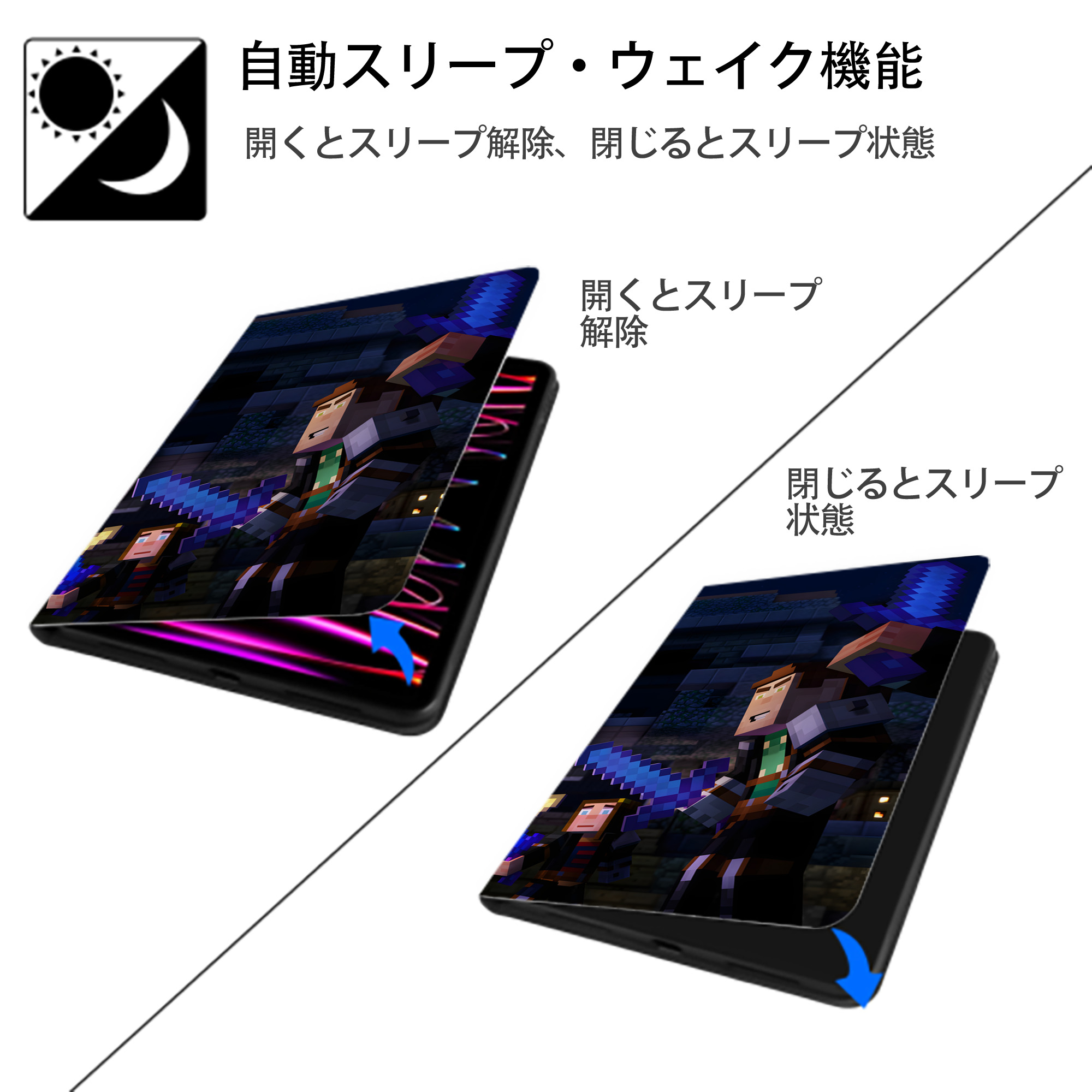 マインクラフト ブロックの世界 Minecraft MC Block world IPad ケース ブック型 PUレザー TPU 耐衝撃 軽量 薄型 ペン収納なし 全面保護 IPad 各モデル対応