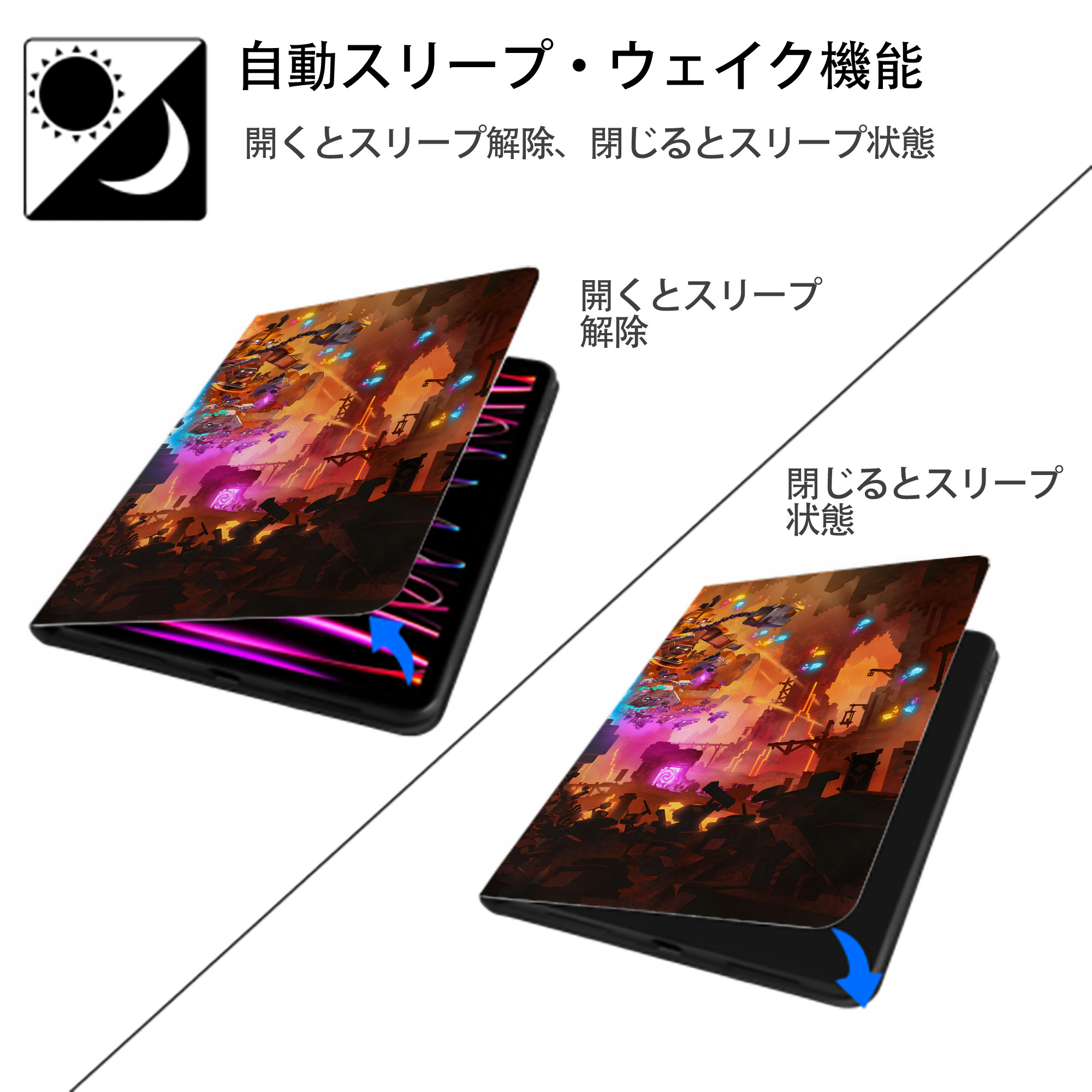 マインクラフト ブロックの世界 Minecraft MC Block world IPad ケース ブック型 PUレザー TPU 耐衝撃 軽量 薄型 ペン収納なし 全面保護 IPad 各モデル対応