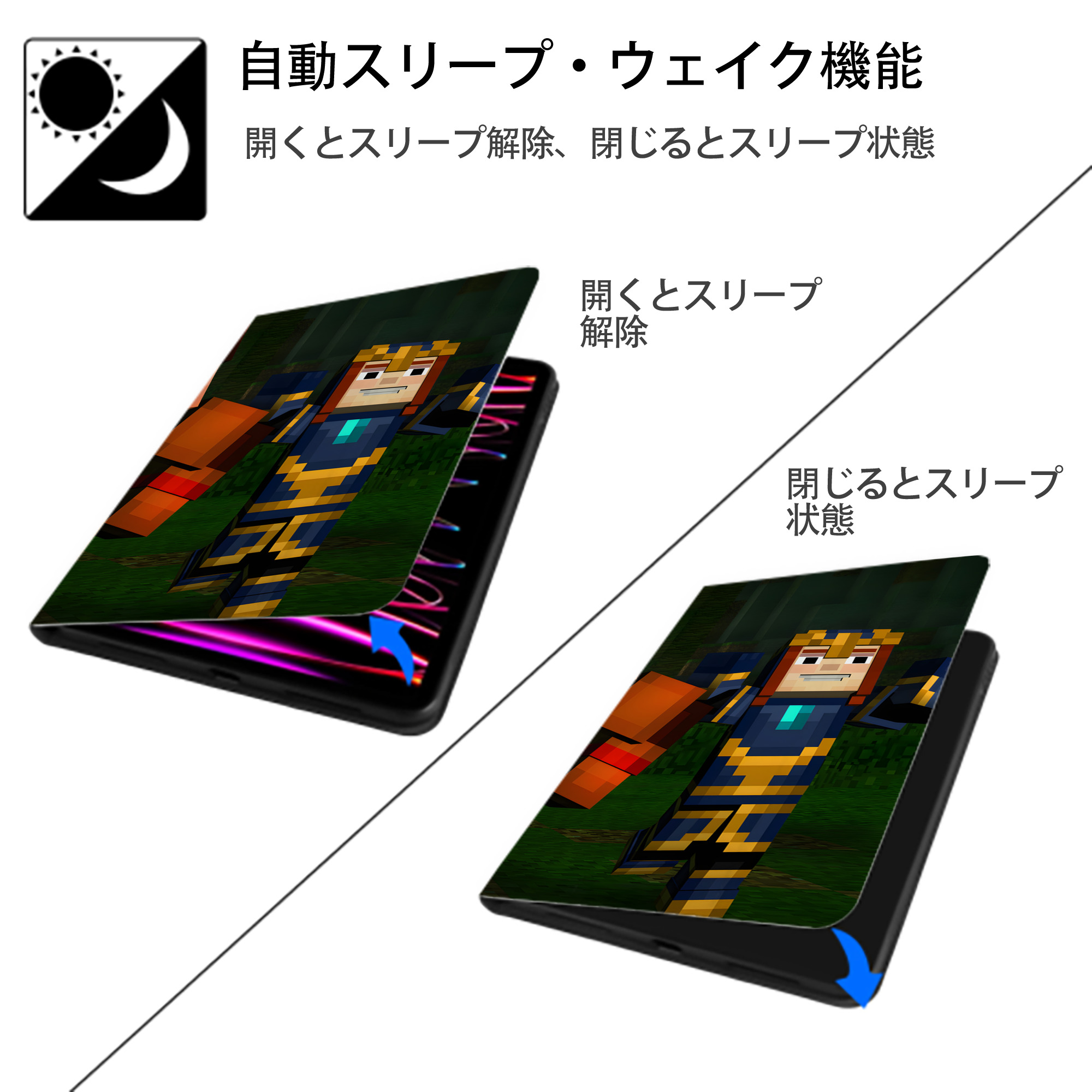 マインクラフト ブロックの世界 Minecraft MC Block world IPad ケース ブック型 PUレザー TPU 耐衝撃 軽量 薄型 ペン収納なし 全面保護 IPad 各モデル対応