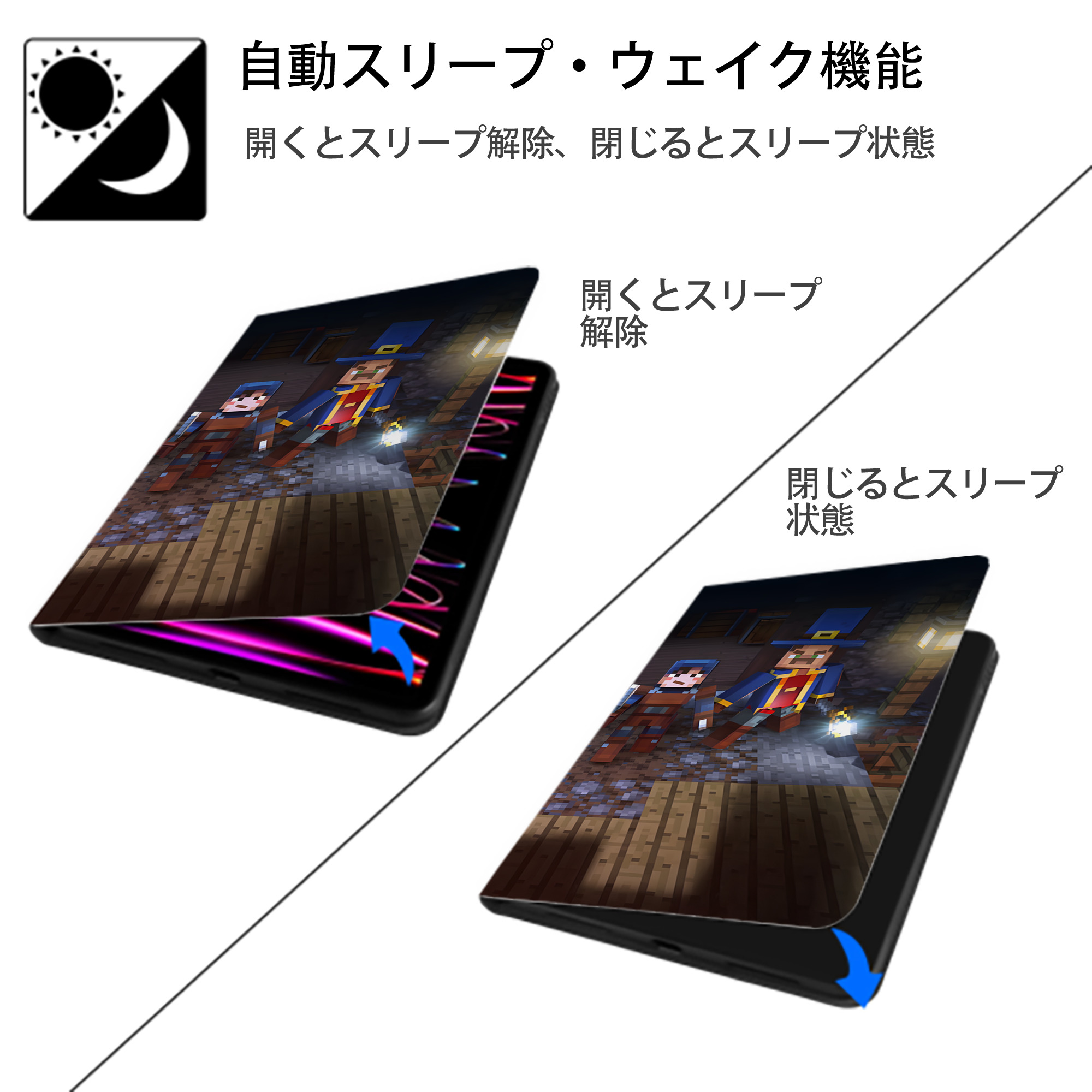 マインクラフト ブロックの世界 Minecraft MC Block world IPad ケース ブック型 PUレザー TPU 耐衝撃 軽量 薄型 ペン収納なし 全面保護 IPad 各モデル対応