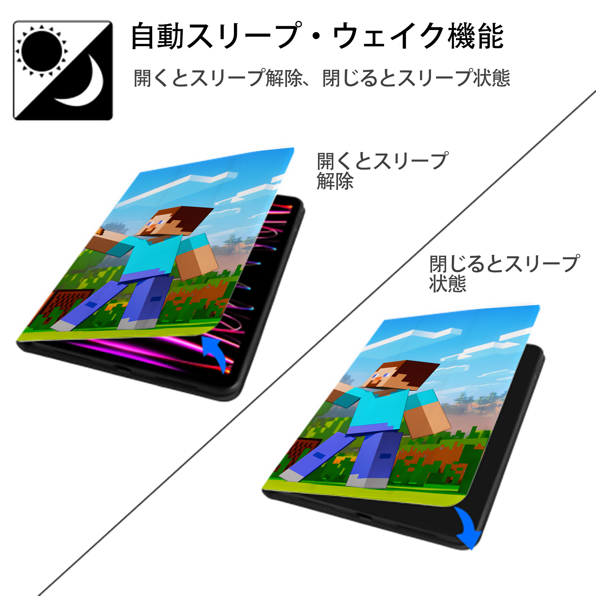 マインクラフト ブロックの世界 Minecraft MC Block world IPad ケース ブック型 PUレザー TPU 耐衝撃 軽量 薄型 ペン収納なし 全面保護 IPad 各モデル対応