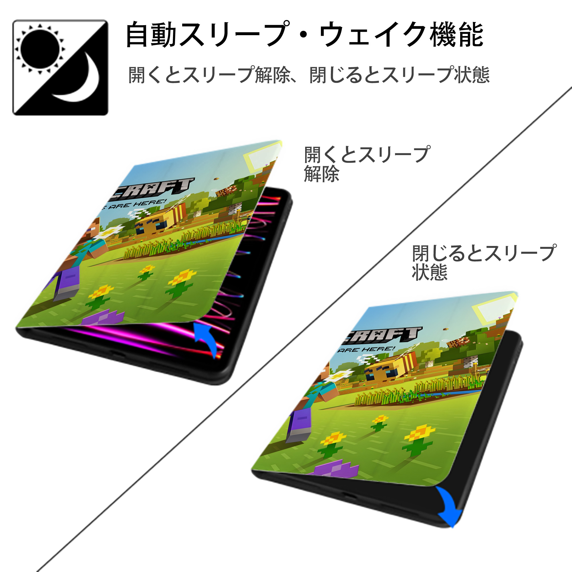 マインクラフト ブロックの世界 Minecraft MC Block world IPad ケース ブック型 PUレザー TPU 耐衝撃 軽量 薄型 ペン収納なし 全面保護 IPad 各モデル対応