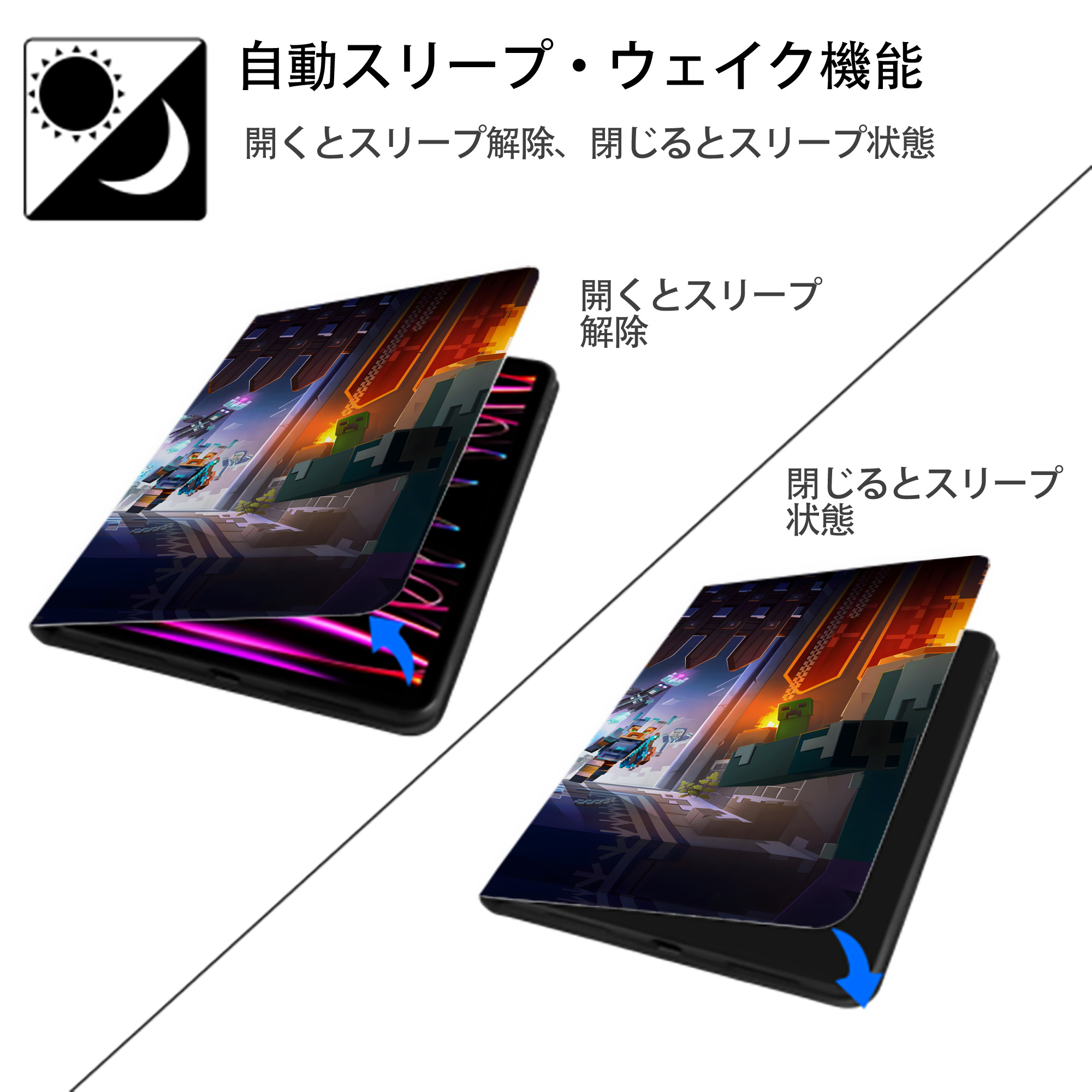 マインクラフト ブロックの世界 Minecraft MC Block world IPad ケース ブック型 PUレザー TPU 耐衝撃 軽量 薄型 ペン収納なし 全面保護 IPad 各モデル対応