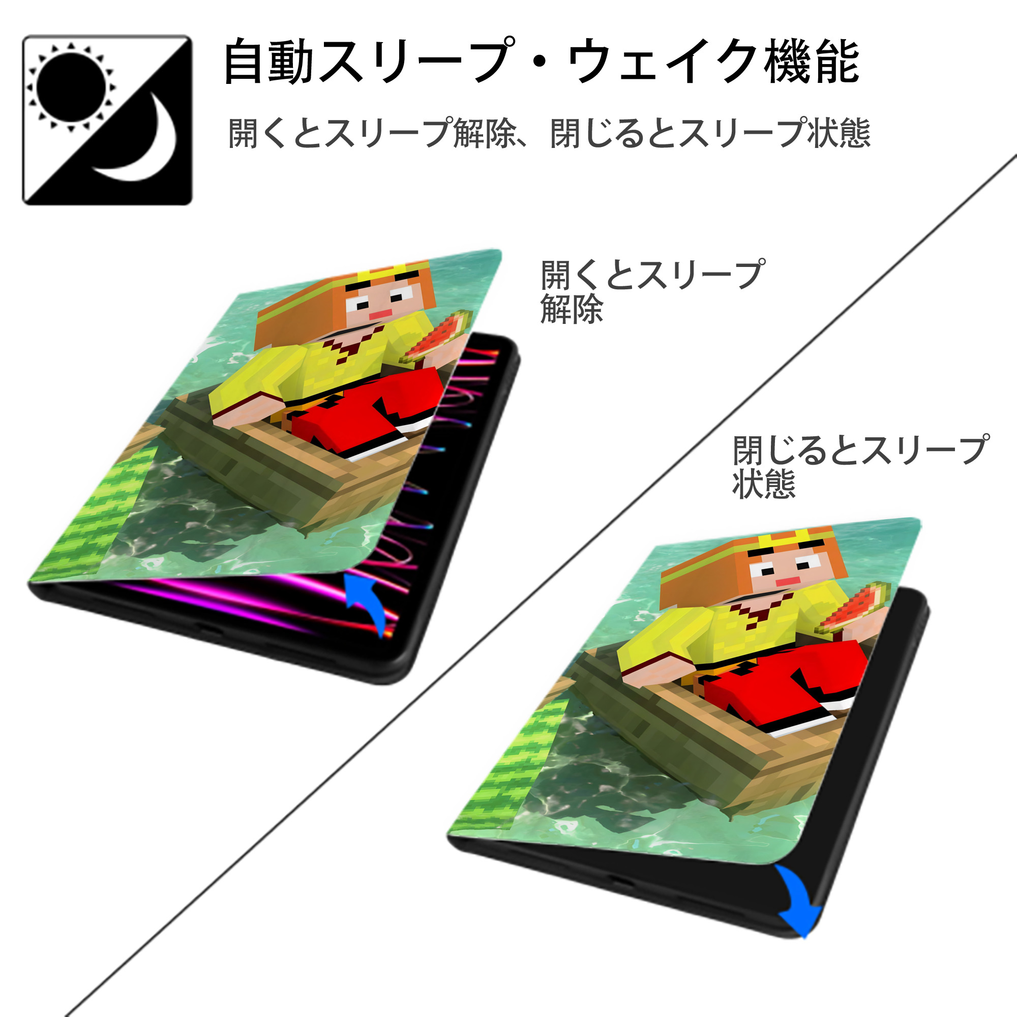マインクラフト ブロックの世界 Minecraft MC Block world IPad ケース ブック型 PUレザー TPU 耐衝撃 軽量 薄型 ペン収納なし 全面保護 IPad 各モデル対応
