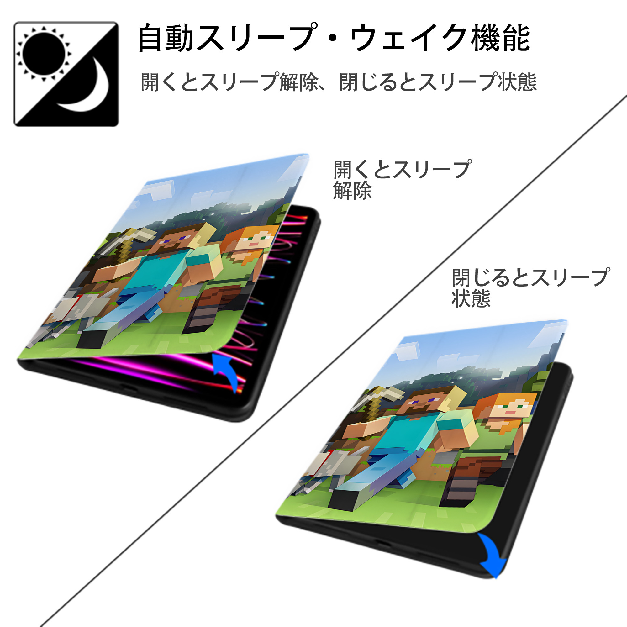 マインクラフト ブロックの世界 Minecraft MC Block world IPad ケース ブック型 PUレザー TPU 耐衝撃 軽量 薄型 ペン収納なし 全面保護 IPad 各モデル対応