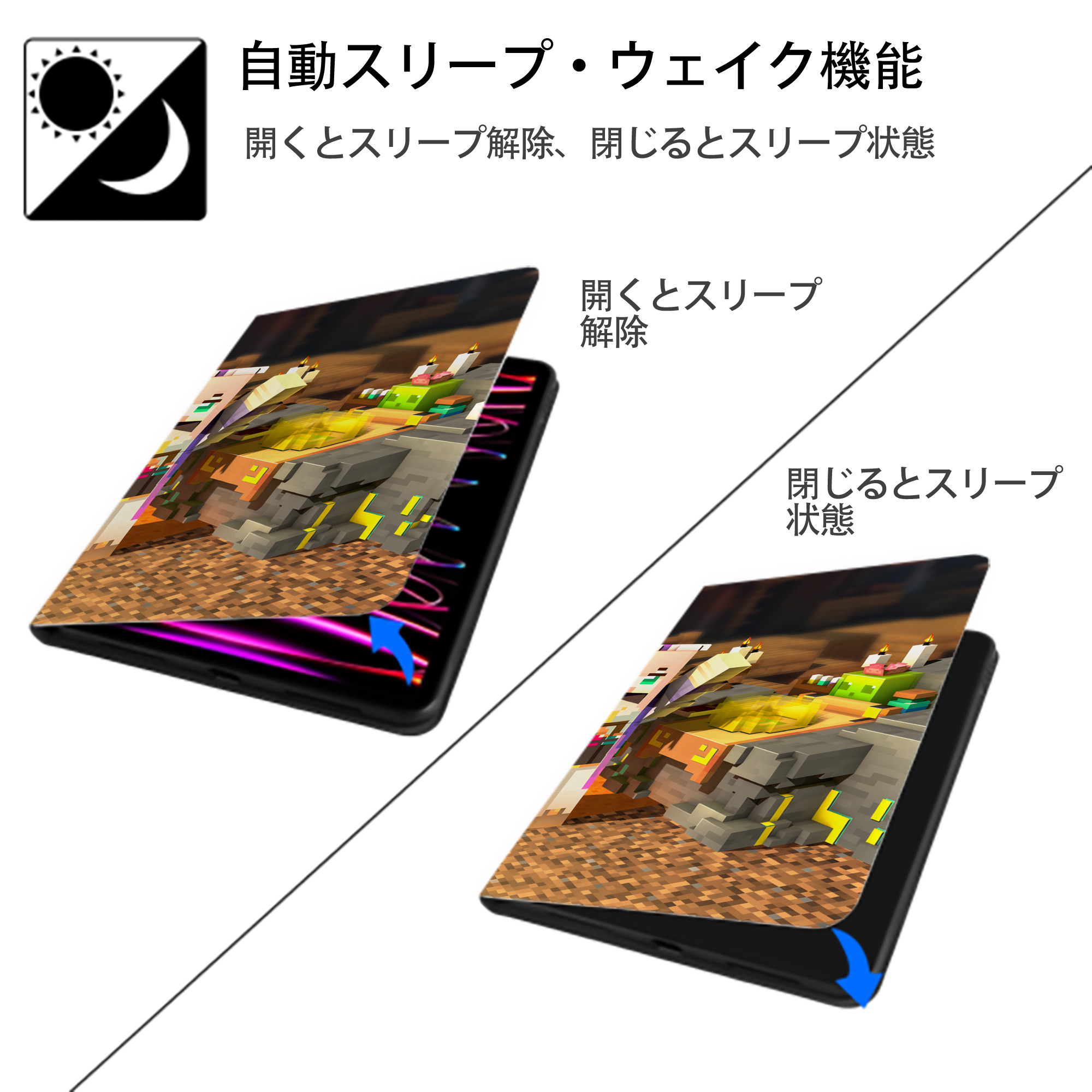 マインクラフト ブロックの世界 Minecraft MC Block world IPad ケース ブック型 PUレザー TPU 耐衝撃 軽量 薄型 ペン収納なし 全面保護 IPad 各モデル対応