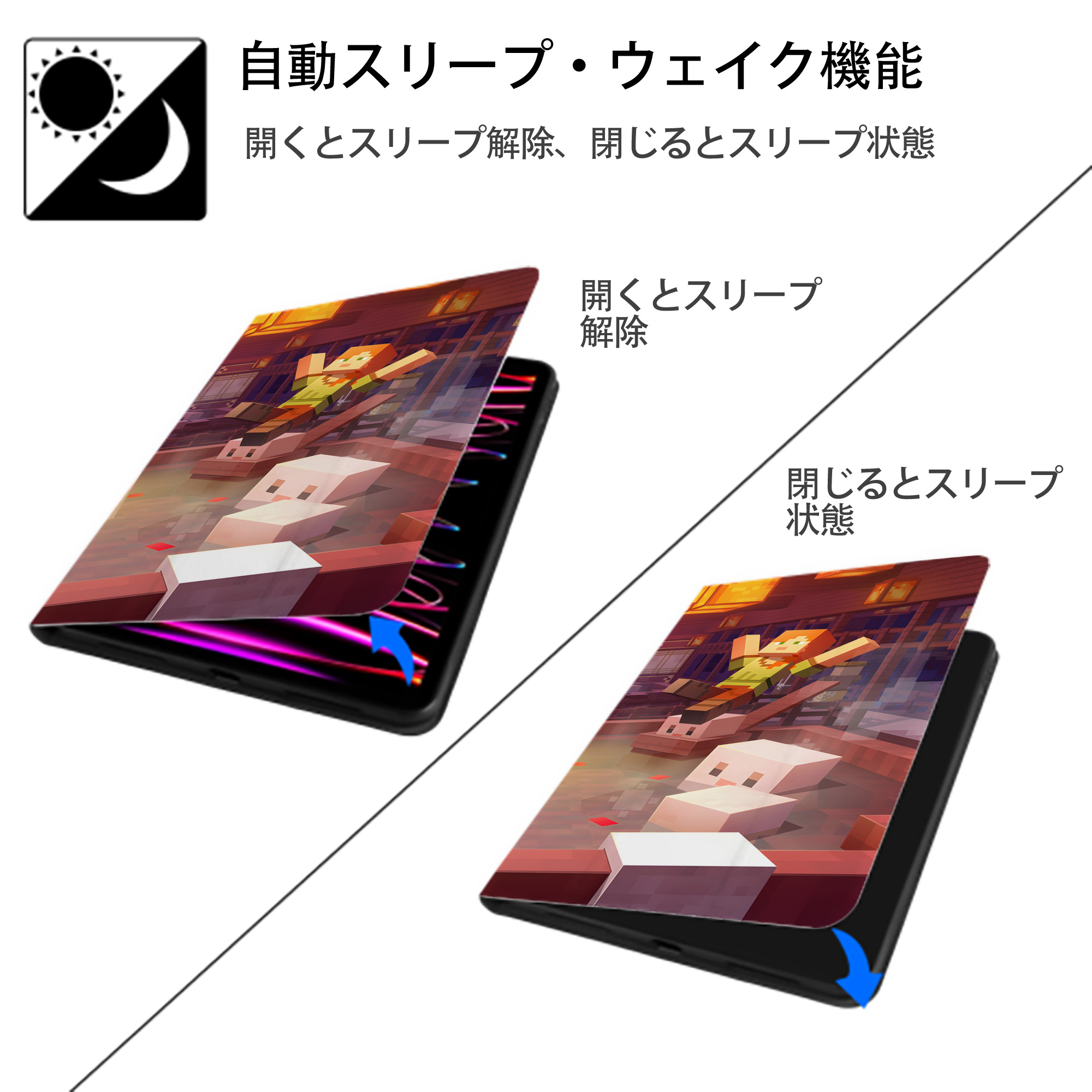 マインクラフト ブロックの世界 Minecraft MC Block world IPad ケース ブック型 PUレザー TPU 耐衝撃 軽量 薄型 ペン収納なし 全面保護 IPad 各モデル対応