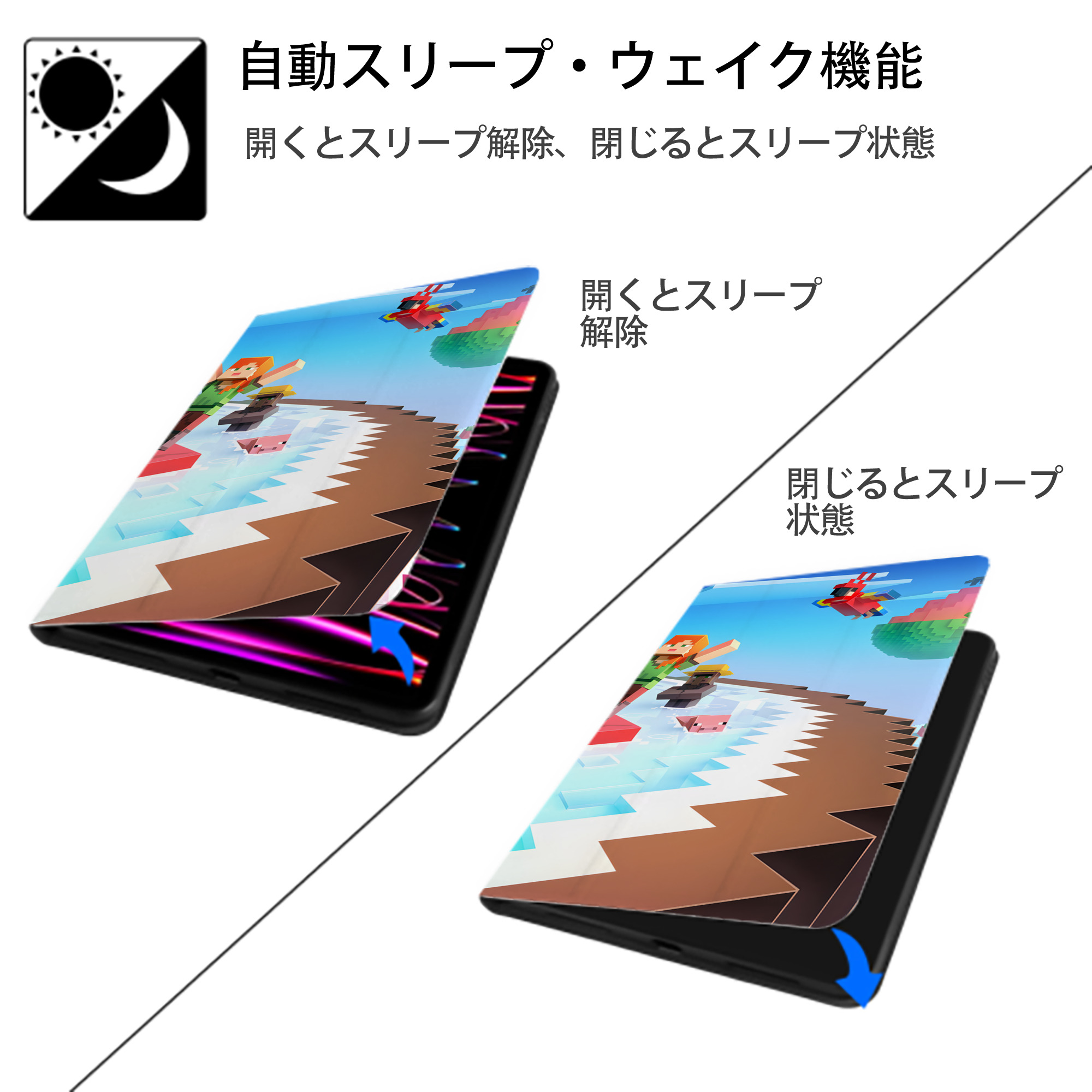 マインクラフト ブロックの世界 Minecraft MC Block world IPad ケース ブック型 PUレザー TPU 耐衝撃 軽量 薄型 ペン収納なし 全面保護 IPad 各モデル対応