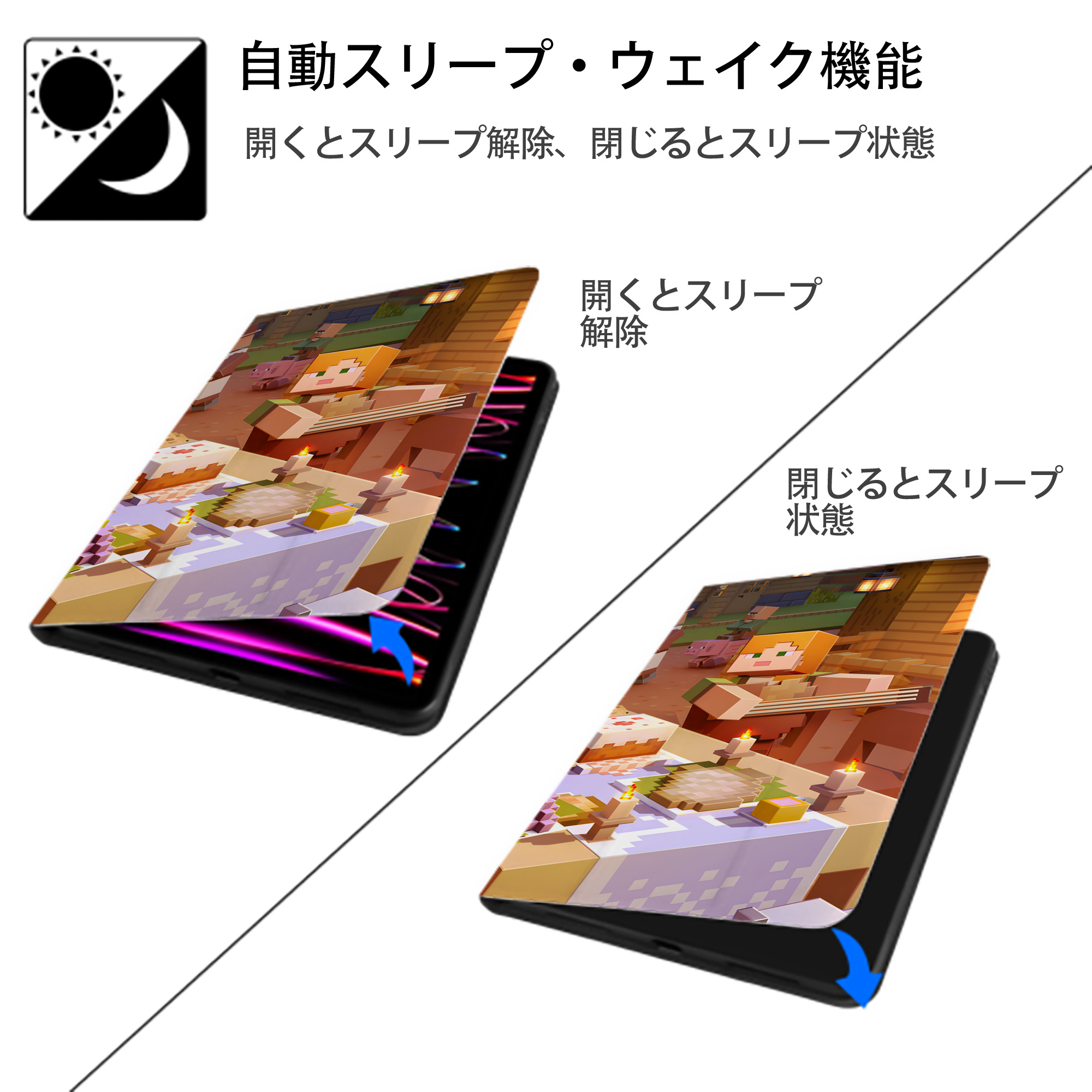 マインクラフト ブロックの世界 Minecraft MC Block world IPad ケース ブック型 PUレザー TPU 耐衝撃 軽量 薄型 ペン収納なし 全面保護 IPad 各モデル対応