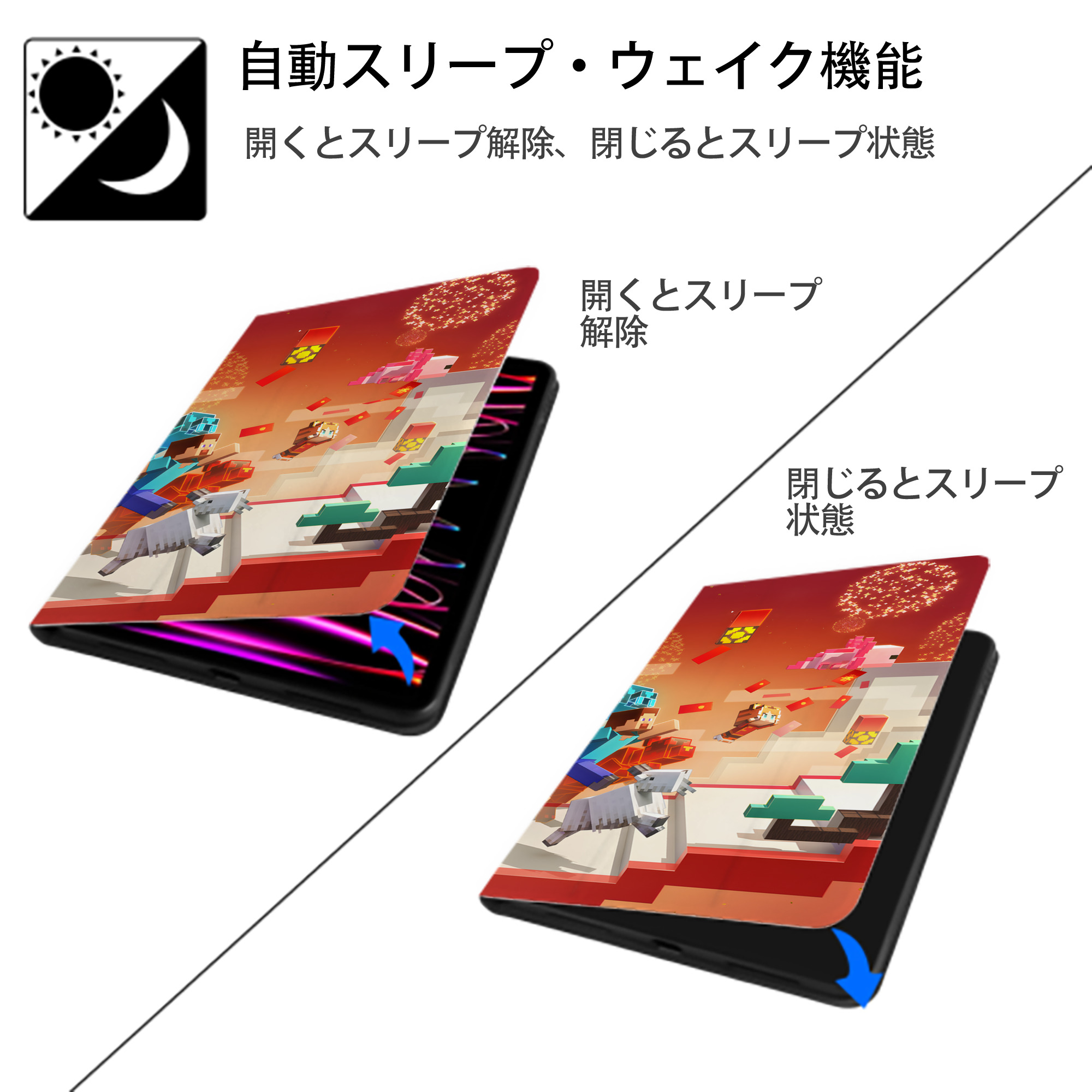 マインクラフト ブロックの世界 Minecraft MC Block world IPad ケース ブック型 PUレザー TPU 耐衝撃 軽量 薄型 ペン収納なし 全面保護 IPad 各モデル対応