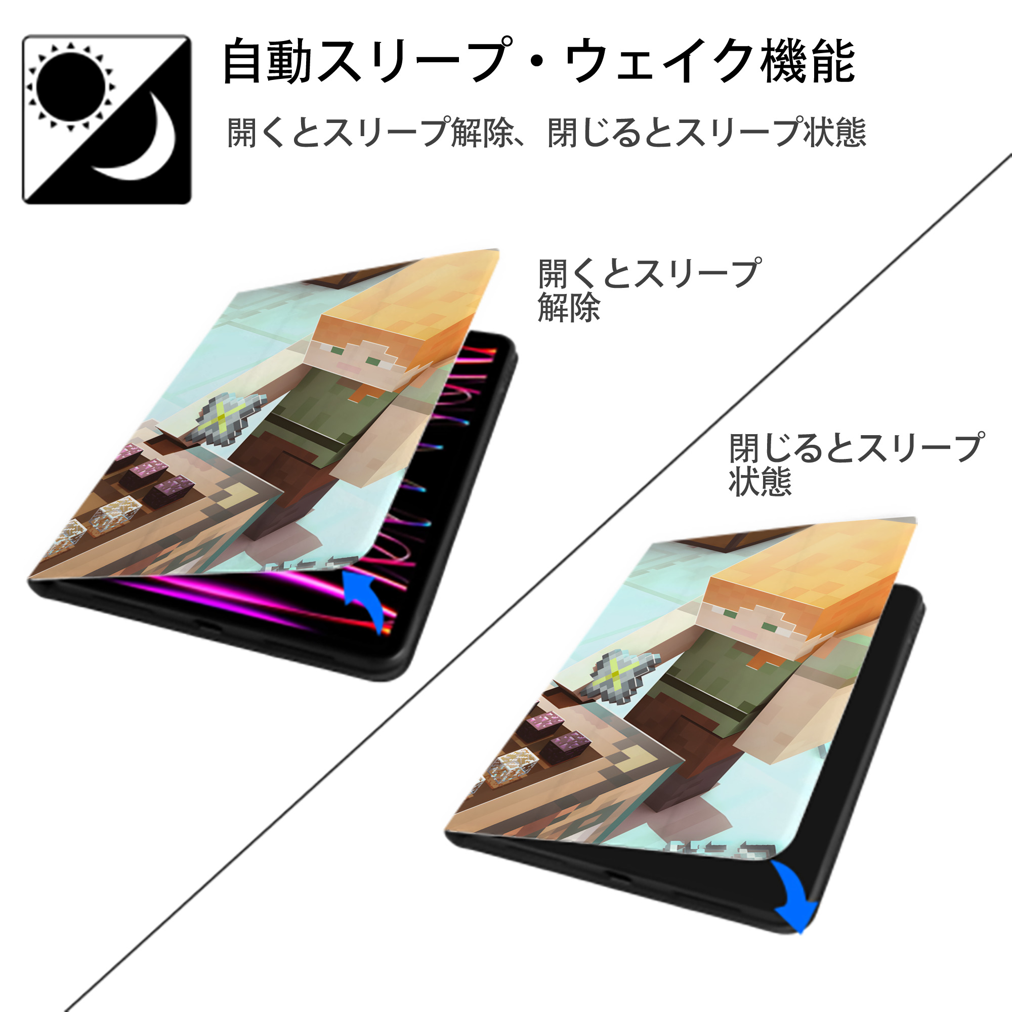 マインクラフト ブロックの世界 Minecraft MC Block world IPad ケース ブック型 PUレザー TPU 耐衝撃 軽量 薄型 ペン収納なし 全面保護 IPad 各モデル対応