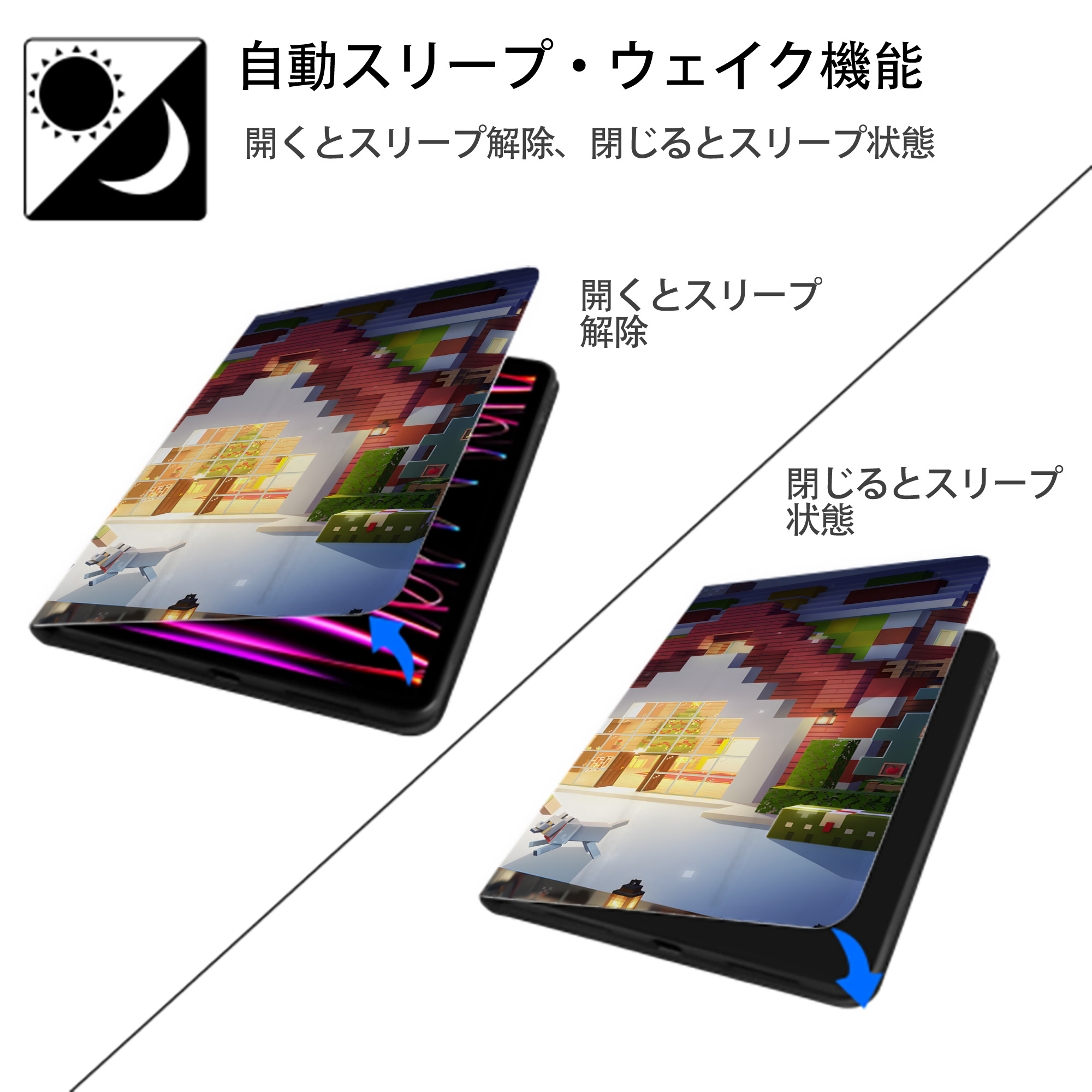 マインクラフト ブロックの世界 Minecraft MC Block world IPad ケース ブック型 PUレザー TPU 耐衝撃 軽量 薄型 ペン収納なし 全面保護 IPad 各モデル対応