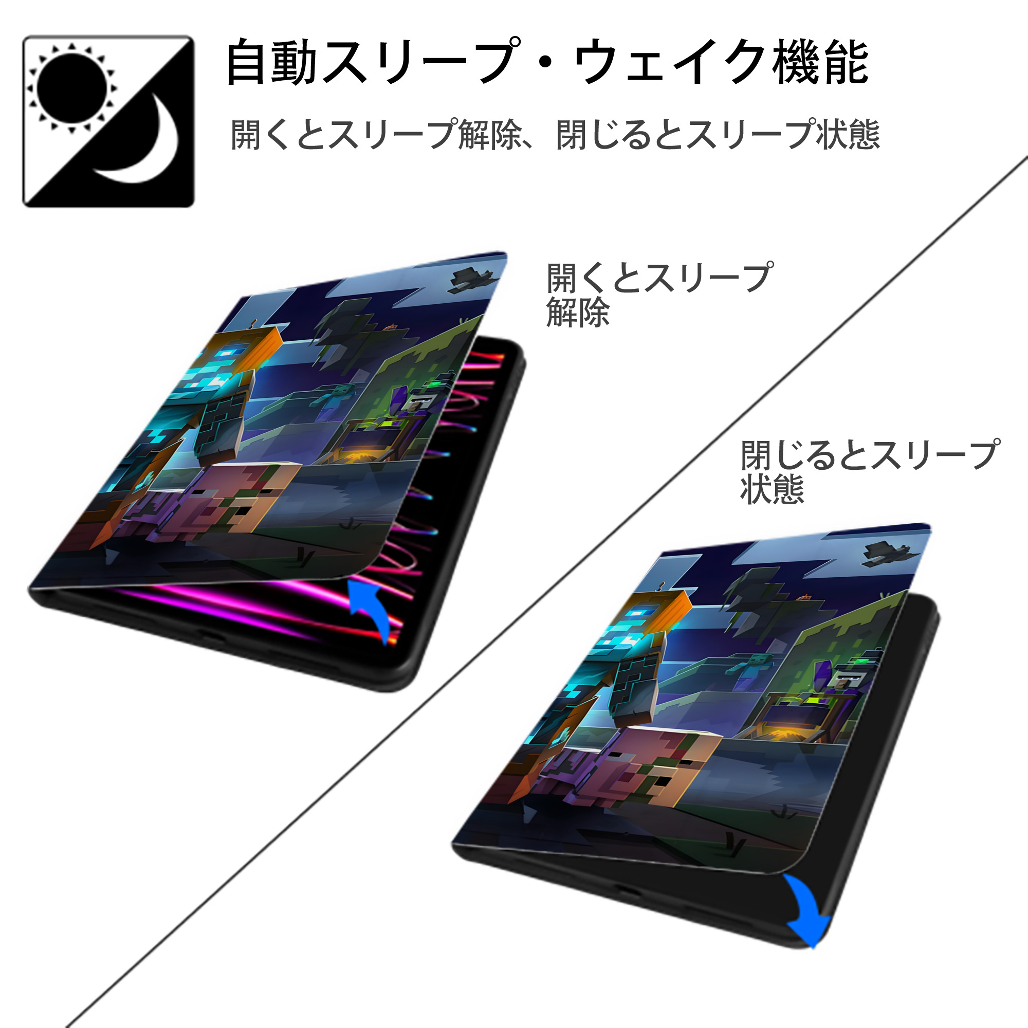 マインクラフト ブロックの世界 Minecraft MC Block world IPad ケース ブック型 PUレザー TPU 耐衝撃 軽量 薄型 ペン収納なし 全面保護 IPad 各モデル対応