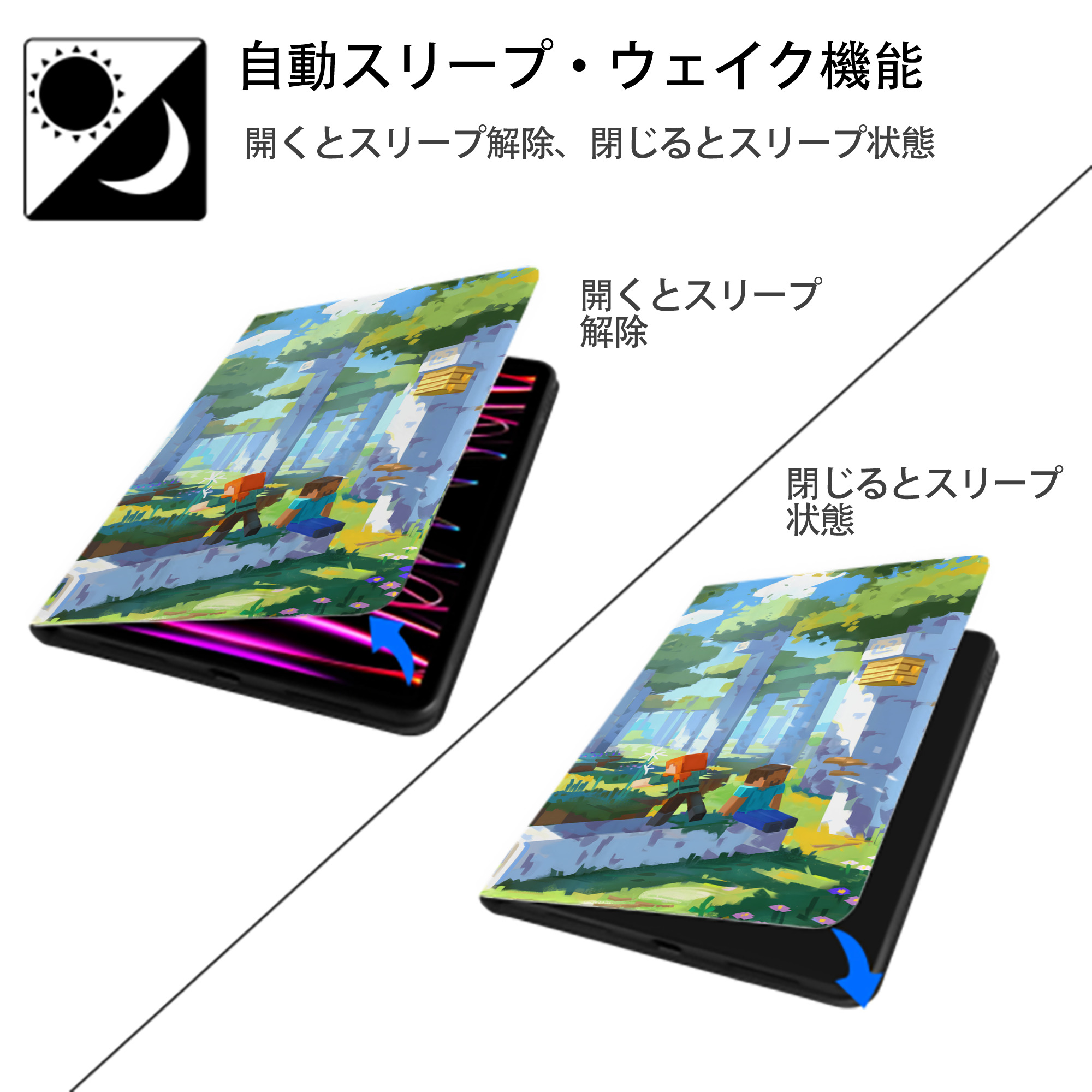 マインクラフト ブロックの世界 Minecraft MC Block world IPad ケース ブック型 PUレザー TPU 耐衝撃 軽量 薄型 ペン収納なし 全面保護 IPad 各モデル対応