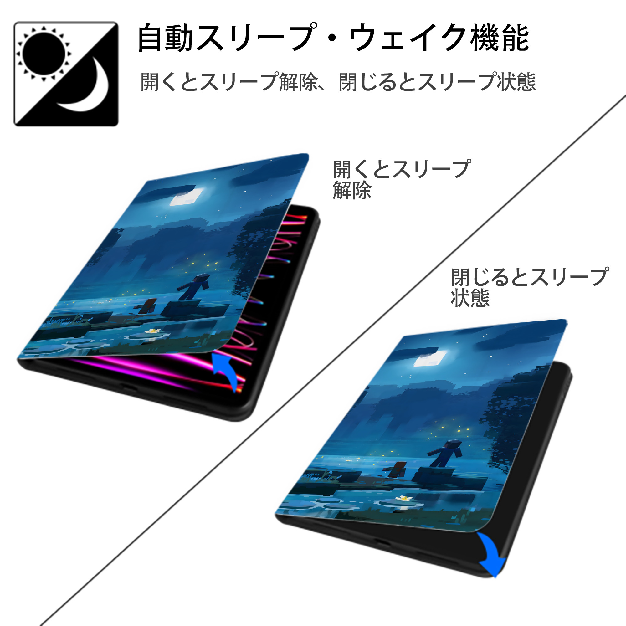 マインクラフト ブロックの世界 Minecraft MC Block world IPad ケース ブック型 PUレザー TPU 耐衝撃 軽量 薄型 ペン収納なし 全面保護 IPad 各モデル対応