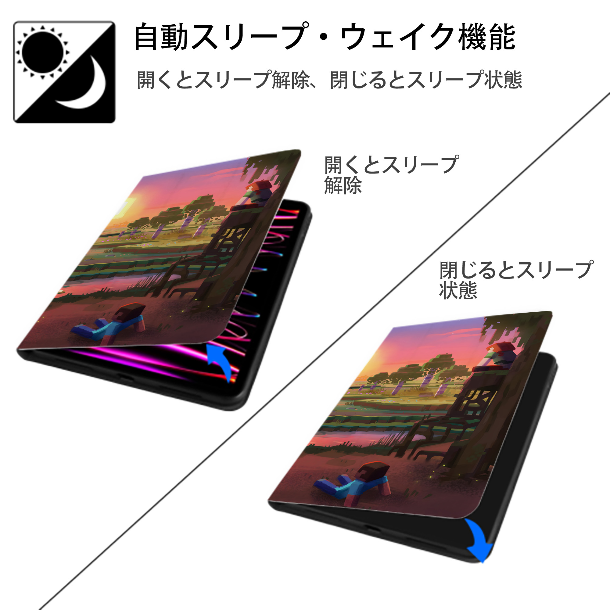マインクラフト ブロックの世界 Minecraft MC Block world IPad ケース ブック型 PUレザー TPU 耐衝撃 軽量 薄型 ペン収納なし 全面保護 IPad 各モデル対応