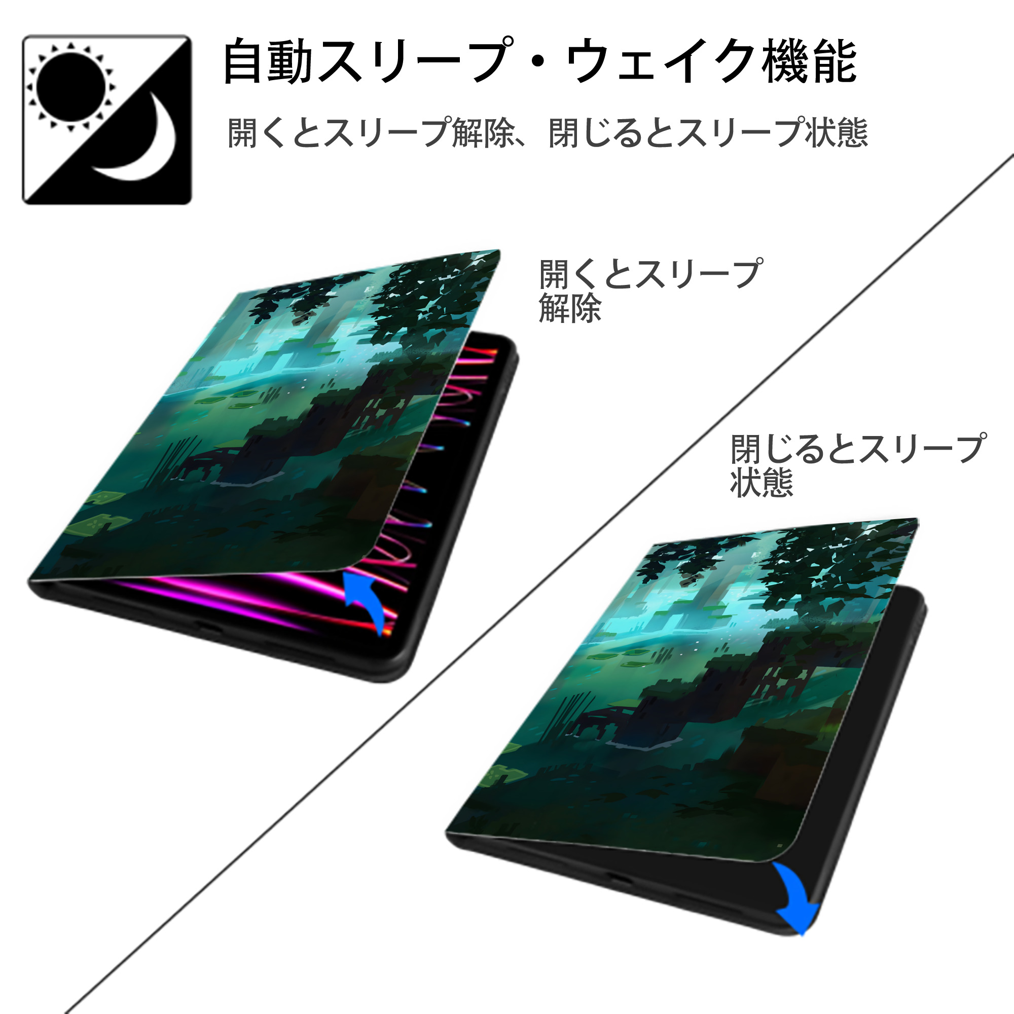 マインクラフト ブロックの世界 Minecraft MC Block world IPad ケース ブック型 PUレザー TPU 耐衝撃 軽量 薄型 ペン収納なし 全面保護 IPad 各モデル対応