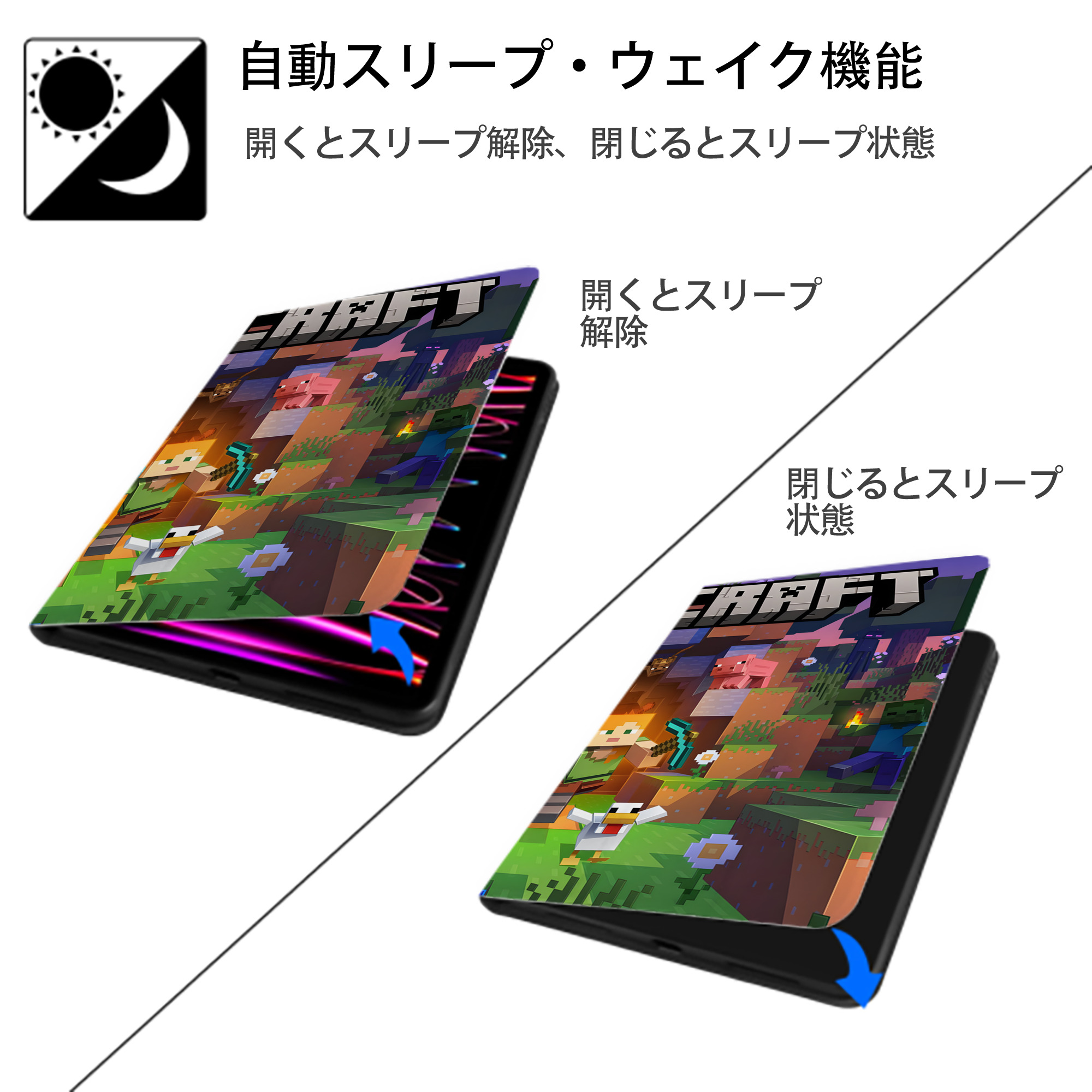 マインクラフト ブロックの世界 Minecraft MC Block world IPad ケース ブック型 PUレザー TPU 耐衝撃 軽量 薄型 ペン収納なし 全面保護 IPad 各モデル対応