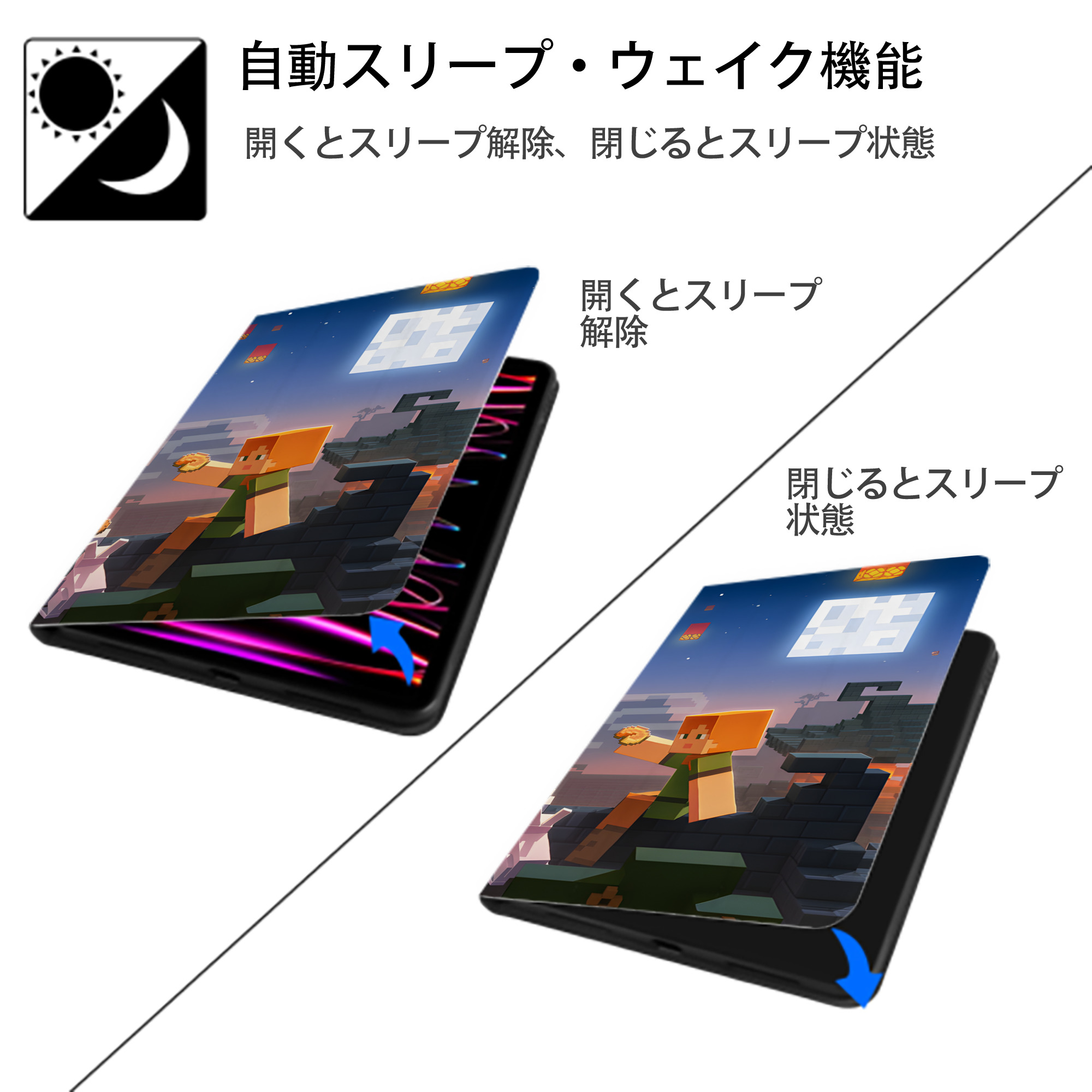 マインクラフト ブロックの世界 Minecraft MC Block world IPad ケース ブック型 PUレザー TPU 耐衝撃 軽量 薄型 ペン収納なし 全面保護 IPad 各モデル対応