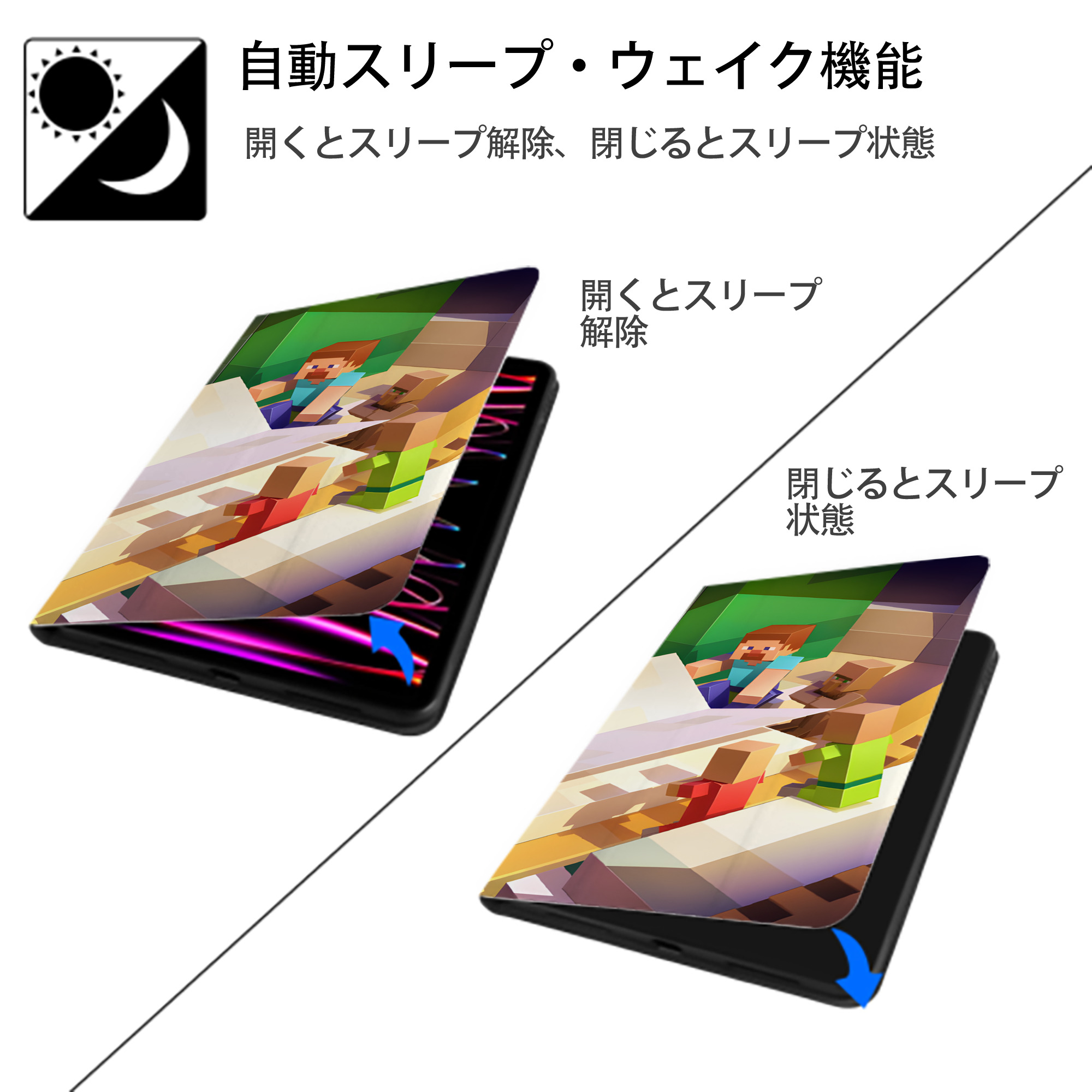 マインクラフト ブロックの世界 Minecraft MC Block world IPad ケース ブック型 PUレザー TPU 耐衝撃 軽量 薄型 ペン収納なし 全面保護 IPad 各モデル対応