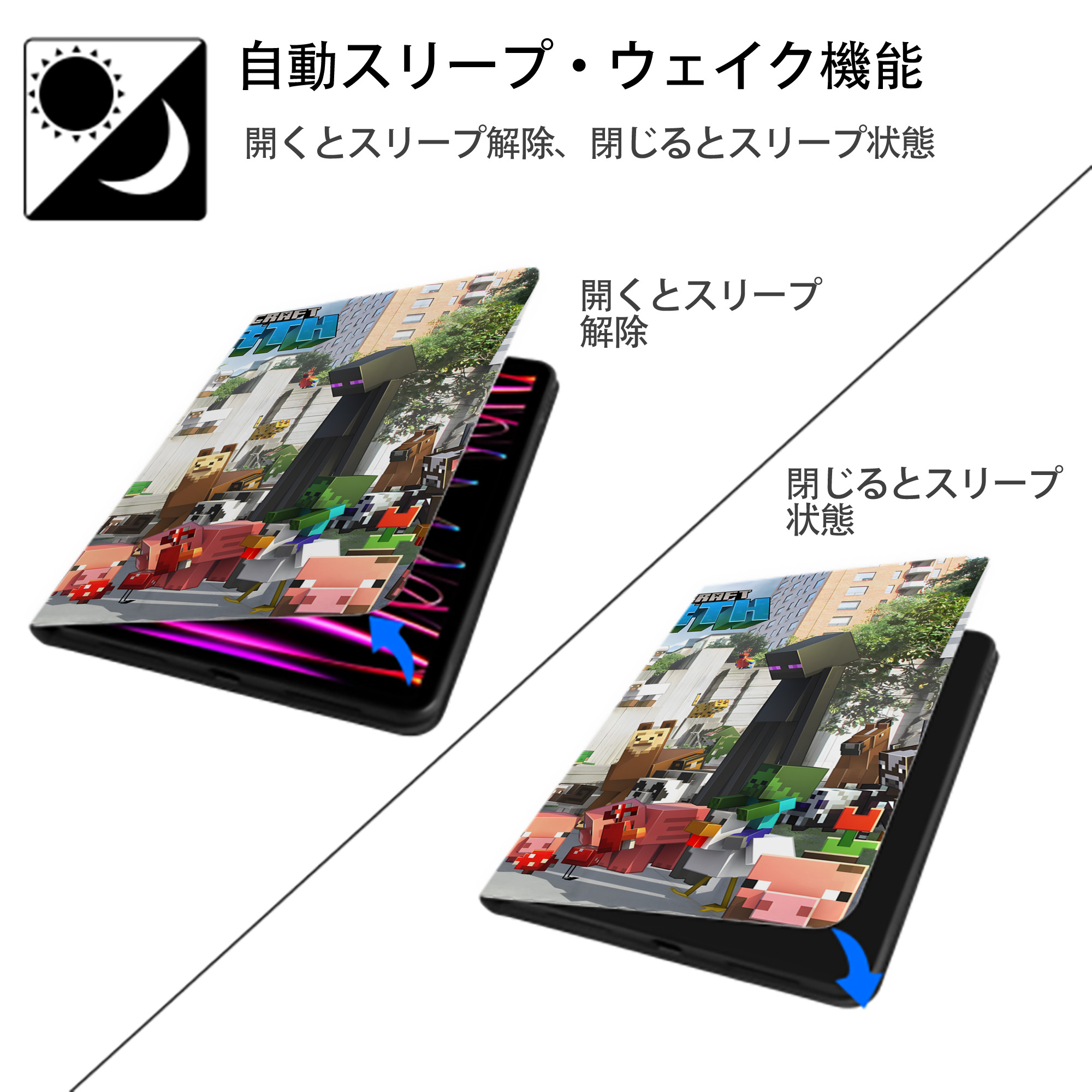 マインクラフト ブロックの世界 Minecraft MC Block world IPad ケース ブック型 PUレザー TPU 耐衝撃 軽量 薄型 ペン収納なし 全面保護 IPad 各モデル対応