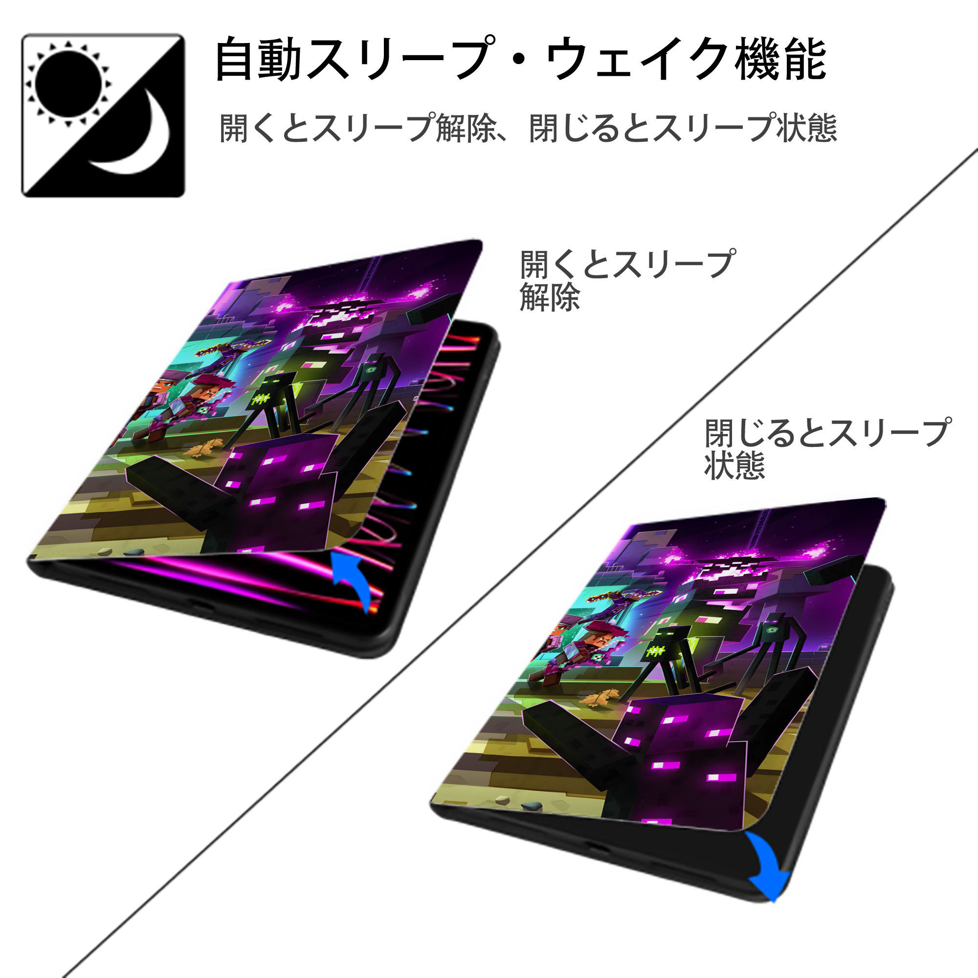 マインクラフト ブロックの世界 Minecraft MC Block world IPad ケース ブック型 PUレザー TPU 耐衝撃 軽量 薄型 ペン収納なし 全面保護 IPad 各モデル対応