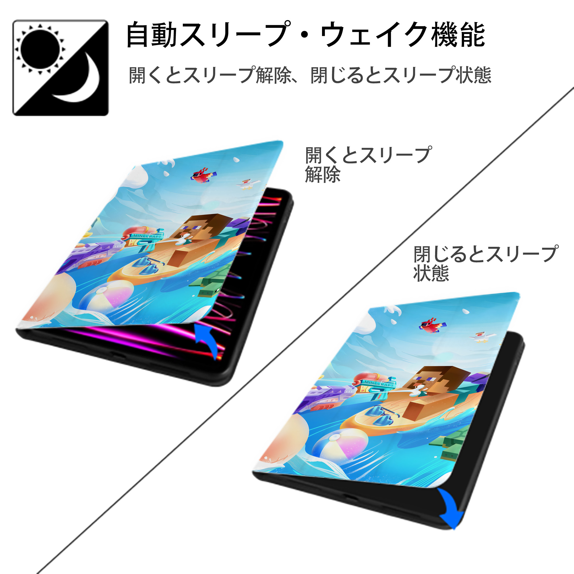 マインクラフト ブロックの世界 Minecraft MC Block world IPad ケース ブック型 PUレザー TPU 耐衝撃 軽量 薄型 ペン収納なし 全面保護 IPad 各モデル対応