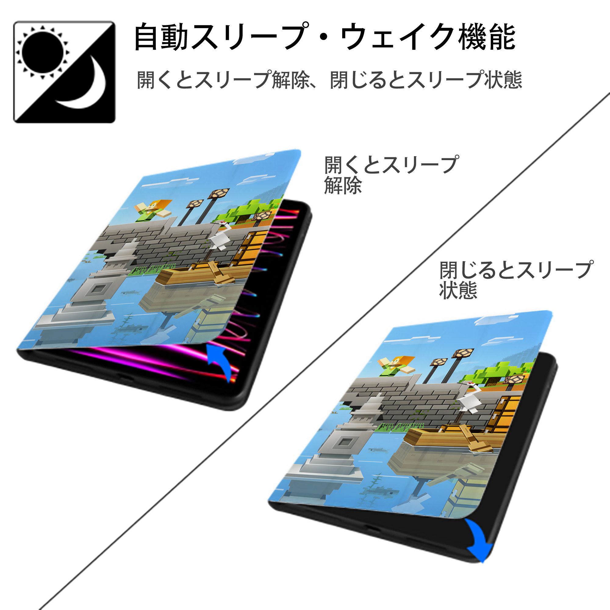マインクラフト ブロックの世界 Minecraft MC Block world IPad ケース ブック型 PUレザー TPU 耐衝撃 軽量 薄型 ペン収納なし 全面保護 IPad 各モデル対応
