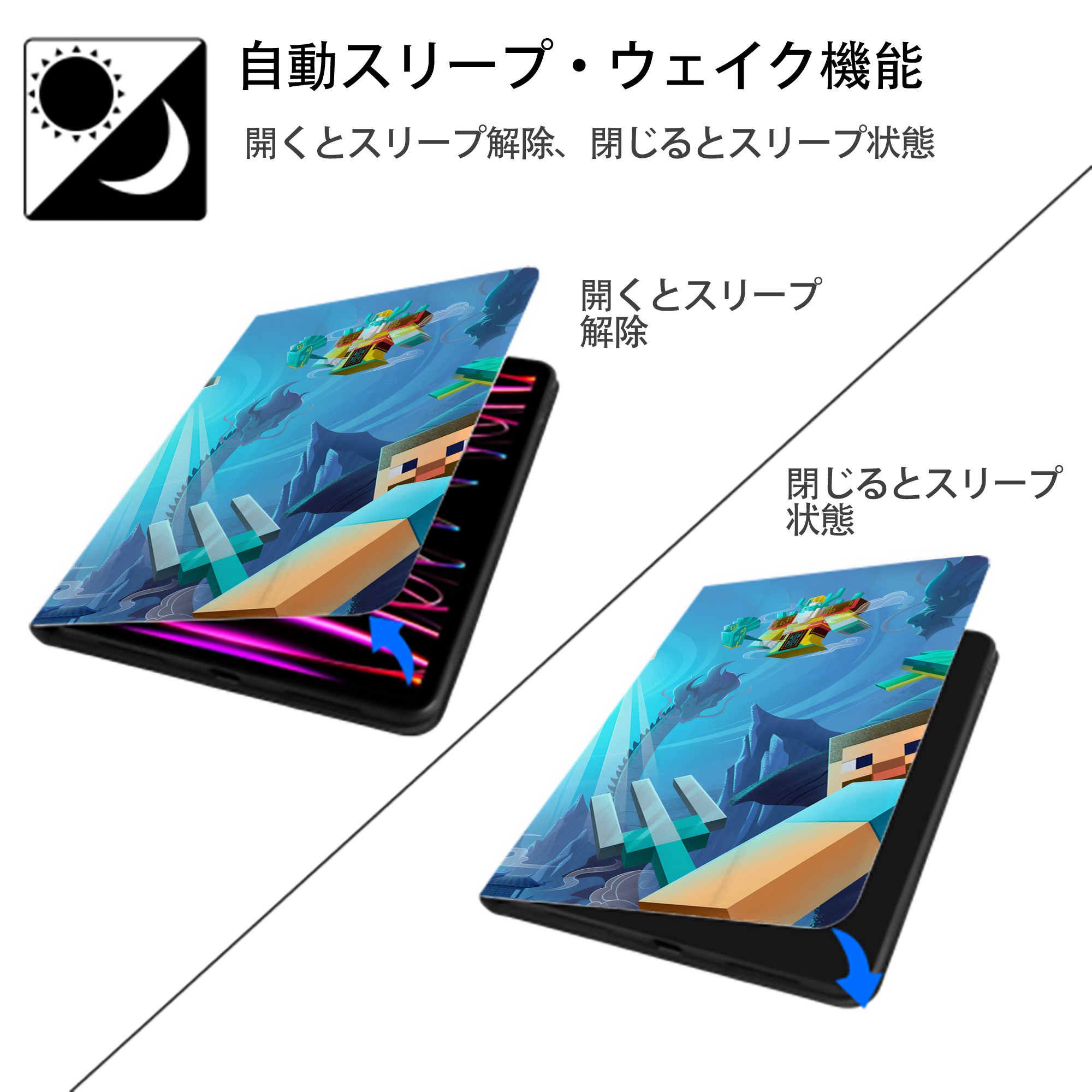 マインクラフト ブロックの世界 Minecraft MC Block world IPad ケース ブック型 PUレザー TPU 耐衝撃 軽量 薄型 ペン収納なし 全面保護 IPad 各モデル対応