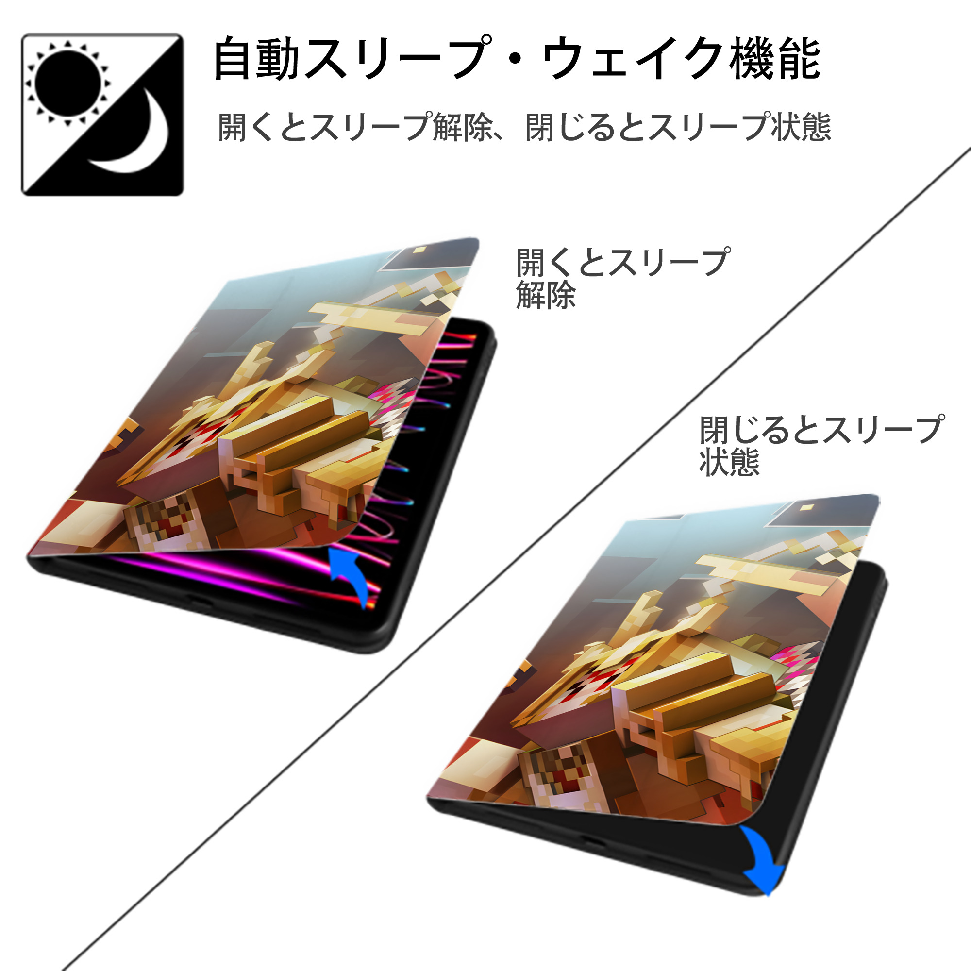 マインクラフト ブロックの世界 Minecraft MC Block world IPad ケース ブック型 PUレザー TPU 耐衝撃 軽量 薄型 ペン収納なし 全面保護 IPad 各モデル対応