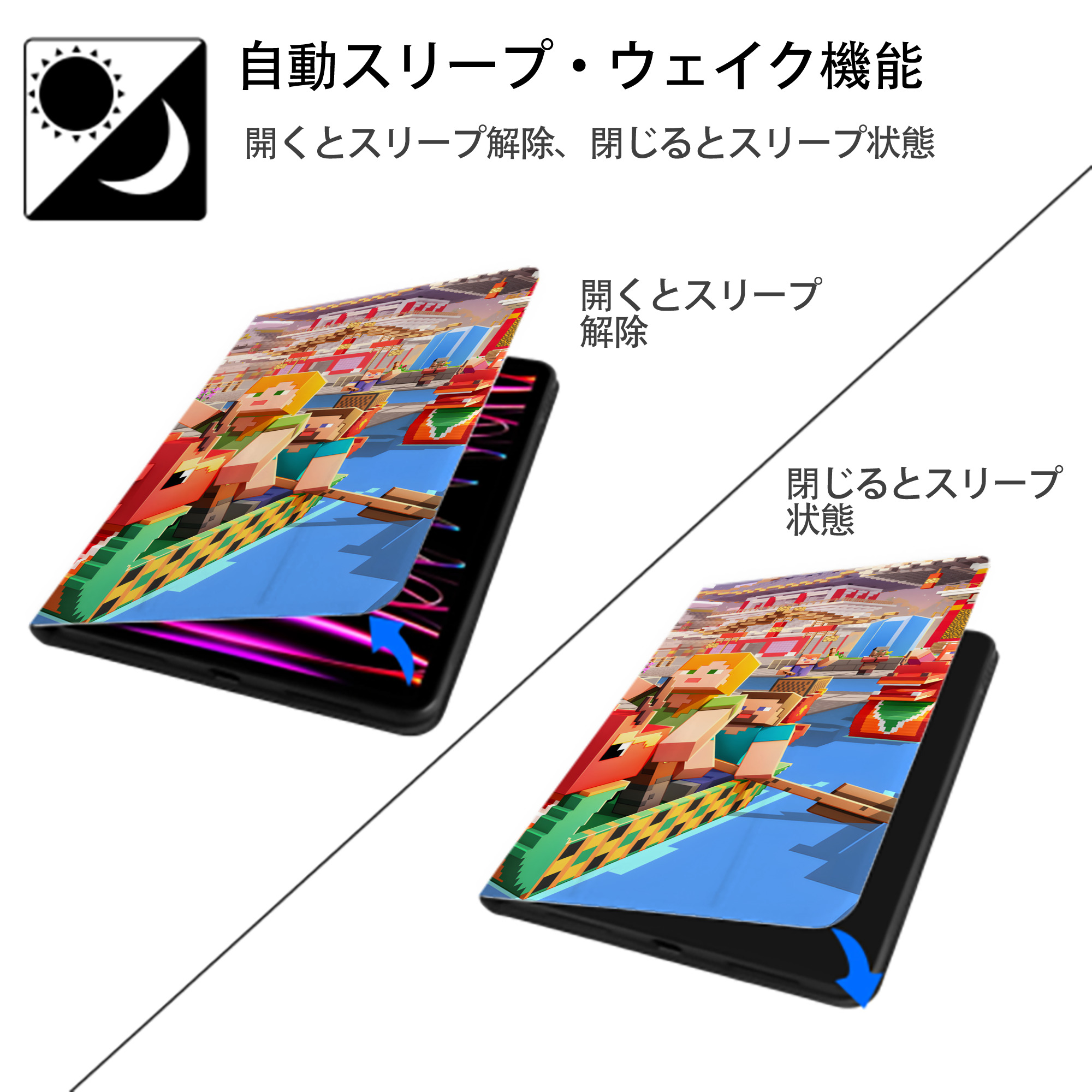 マインクラフト ブロックの世界 Minecraft MC Block world IPad ケース ブック型 PUレザー TPU 耐衝撃 軽量 薄型 ペン収納なし 全面保護 IPad 各モデル対応
