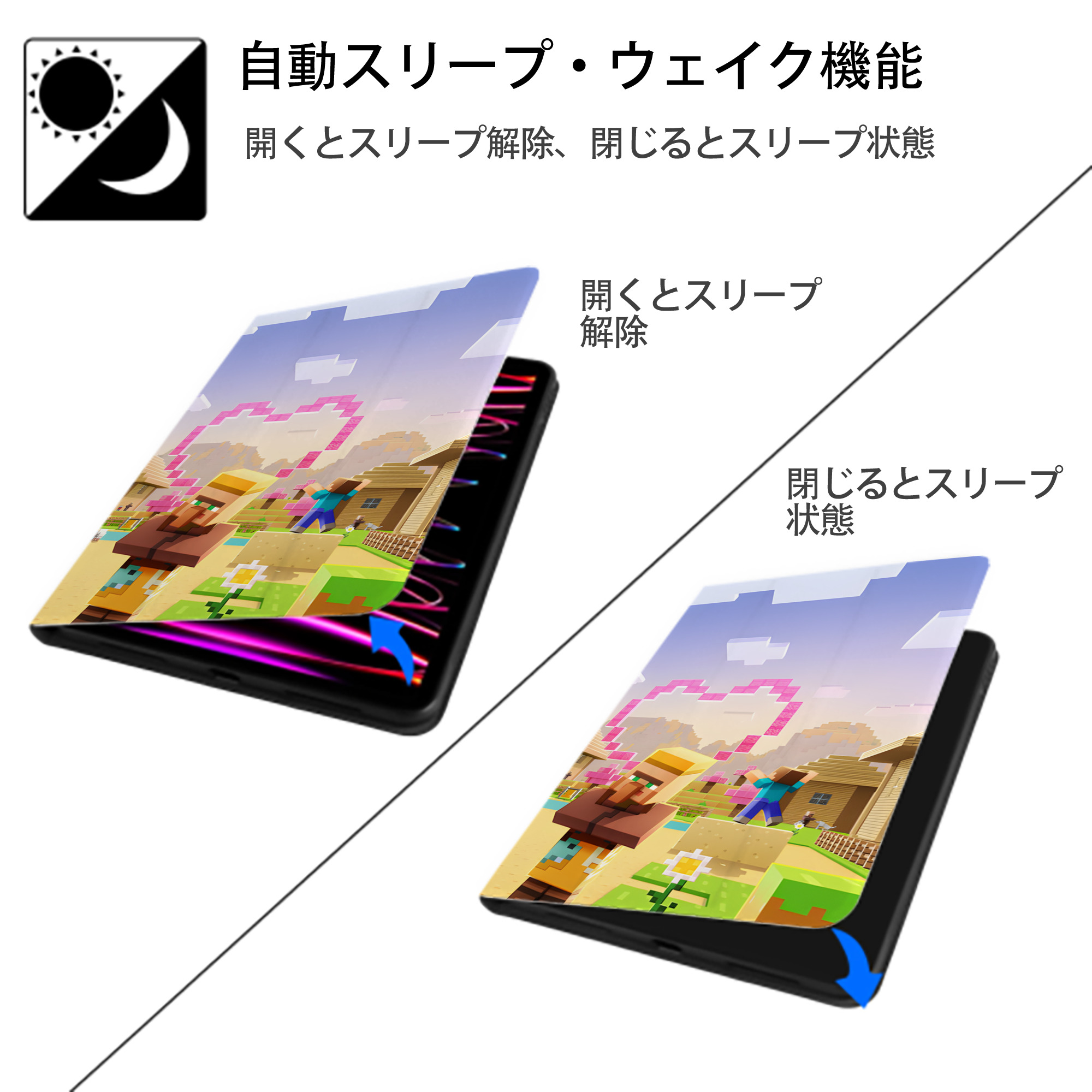 マインクラフト ブロックの世界 Minecraft MC Block world IPad ケース ブック型 PUレザー TPU 耐衝撃 軽量 薄型 ペン収納なし 全面保護 IPad 各モデル対応