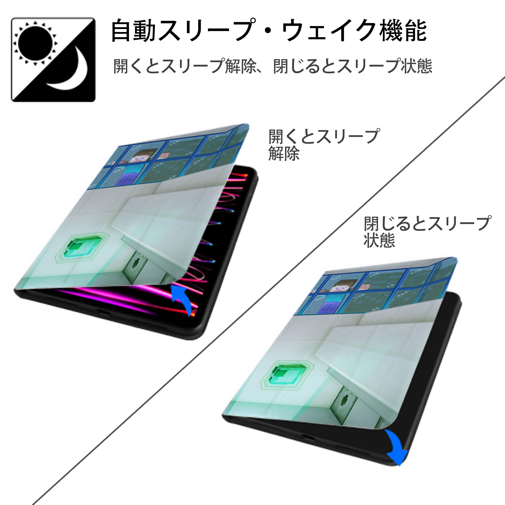 マインクラフト ブロックの世界 Minecraft MC Block world IPad ケース ブック型 PUレザー TPU 耐衝撃 軽量 薄型 ペン収納なし 全面保護 IPad 各モデル対応